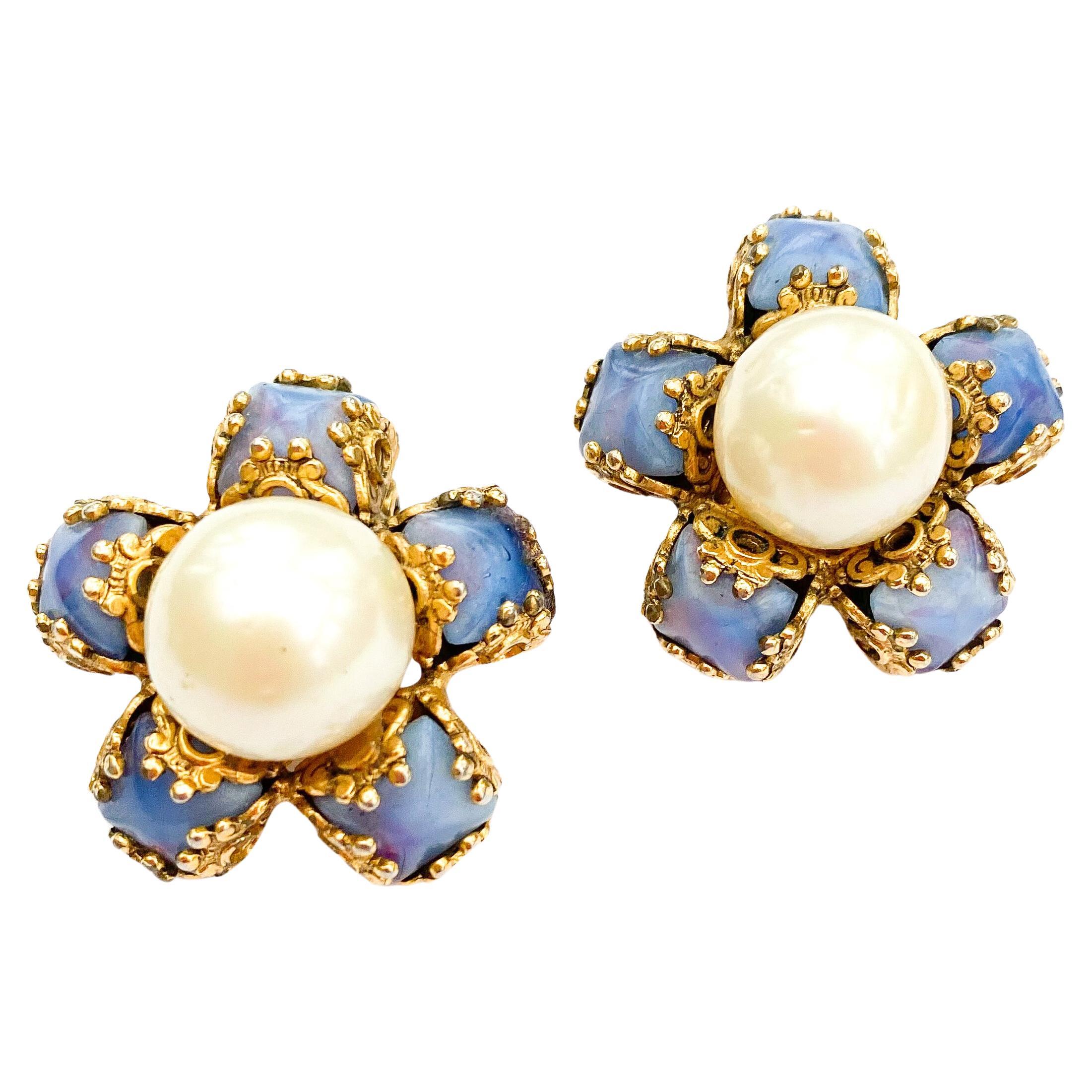 Soft blue glass cabuchon and large pearl five point earrings, French, 1960s For Sale