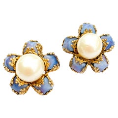 Retro Soft blue glass cabuchon and large pearl five point earrings, French, 1960s