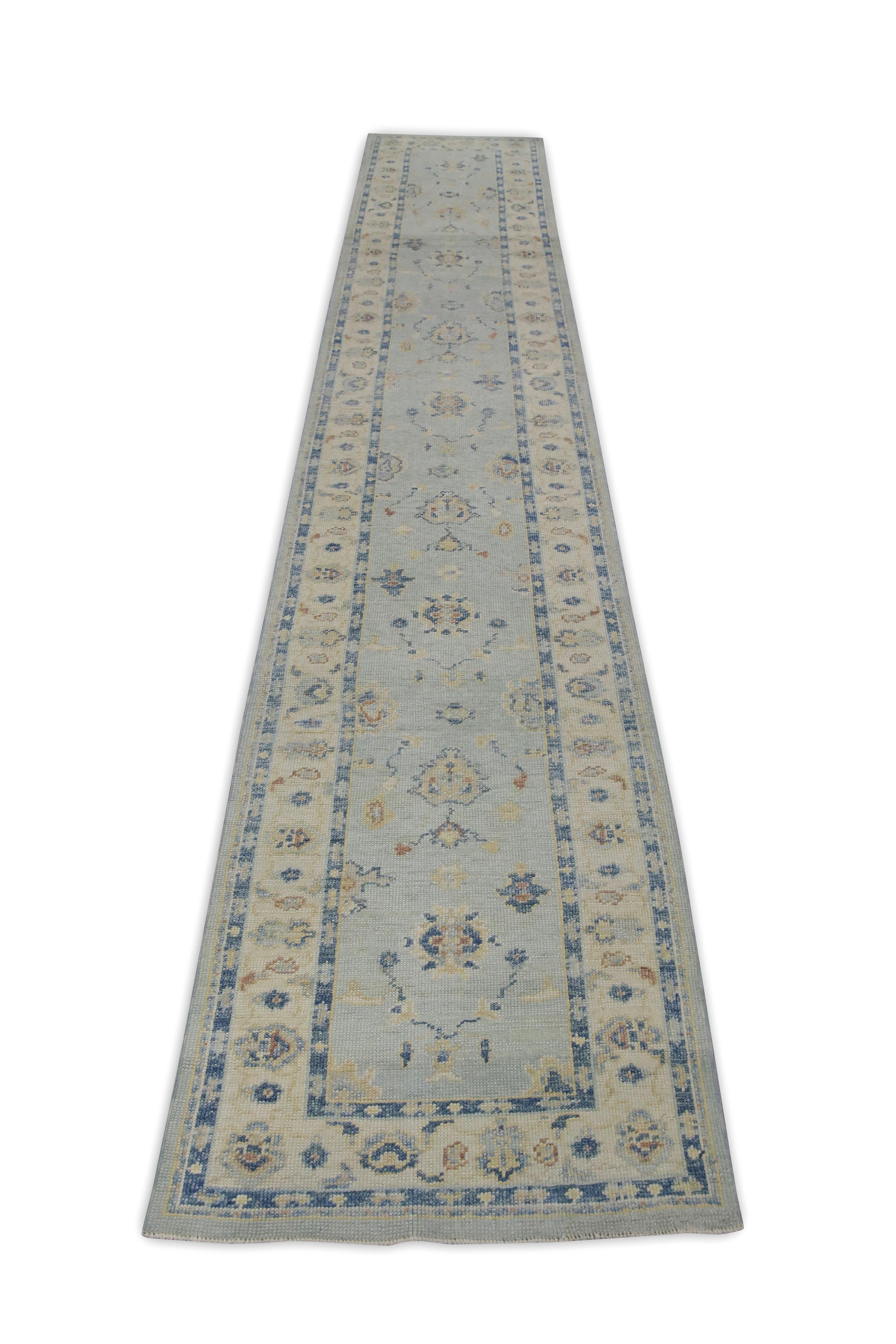 Soft Blue Handwoven Wool Turkish Oushak Runner 2'10