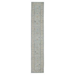 Soft Blue Handwoven Wool Turkish Oushak Runner 2'10" X 15'7"