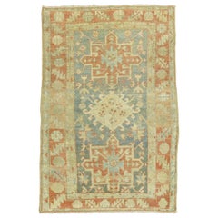 Soft Blue Peach Persian Heriz Scatter Size Rug, Early 20th Century