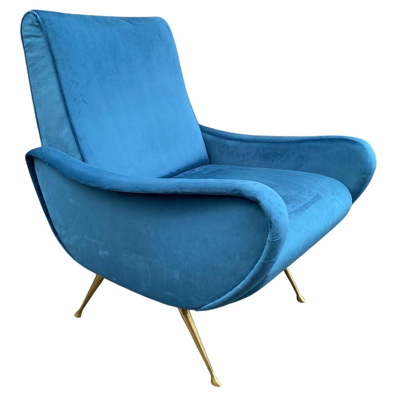 Damenstuhl aus weichem blauem Samt im Stil von Marco Zanuso