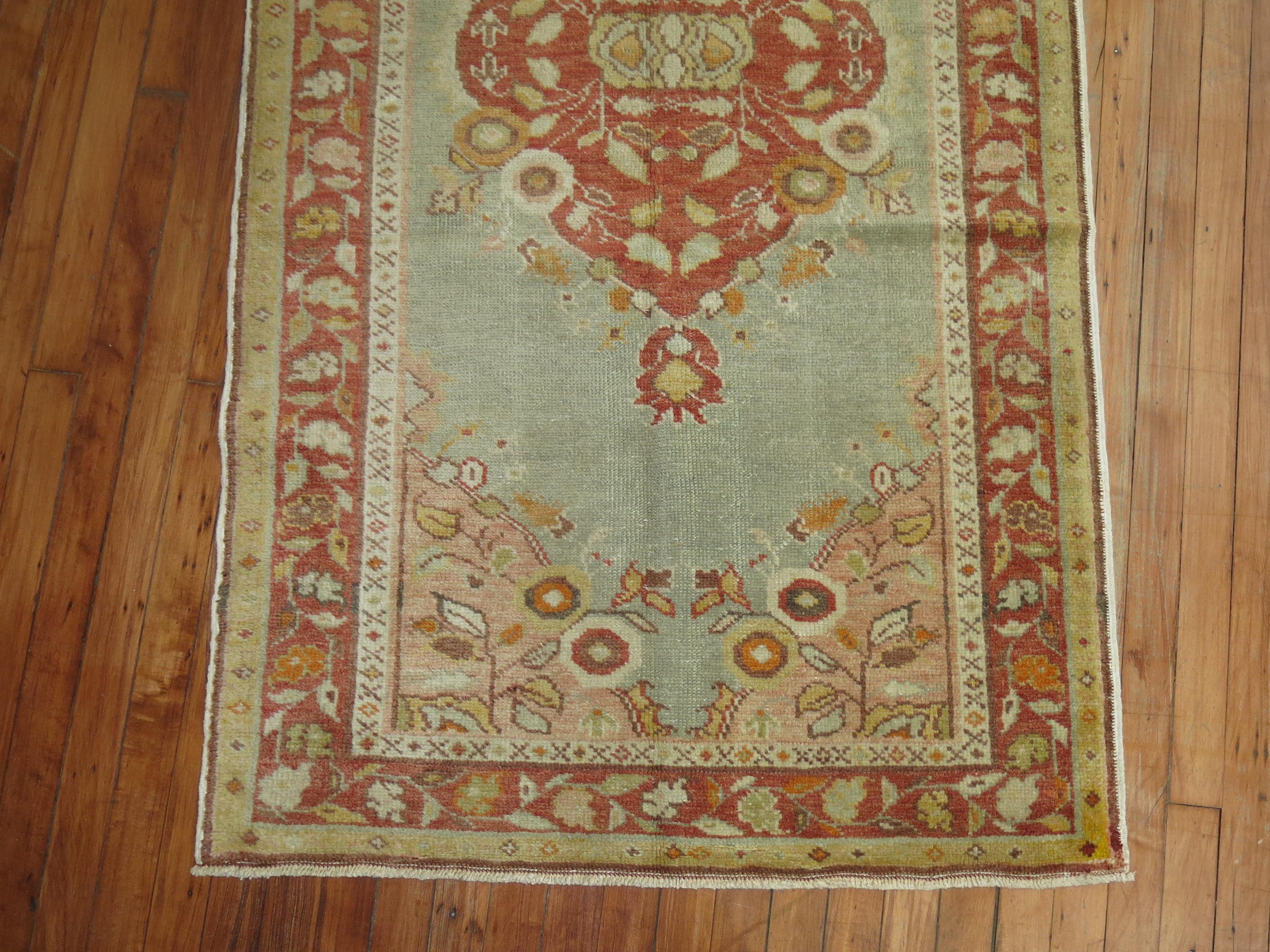 Soft Blue Vintage Turkish Oushak Small Runner In Excellent Condition In New York, NY