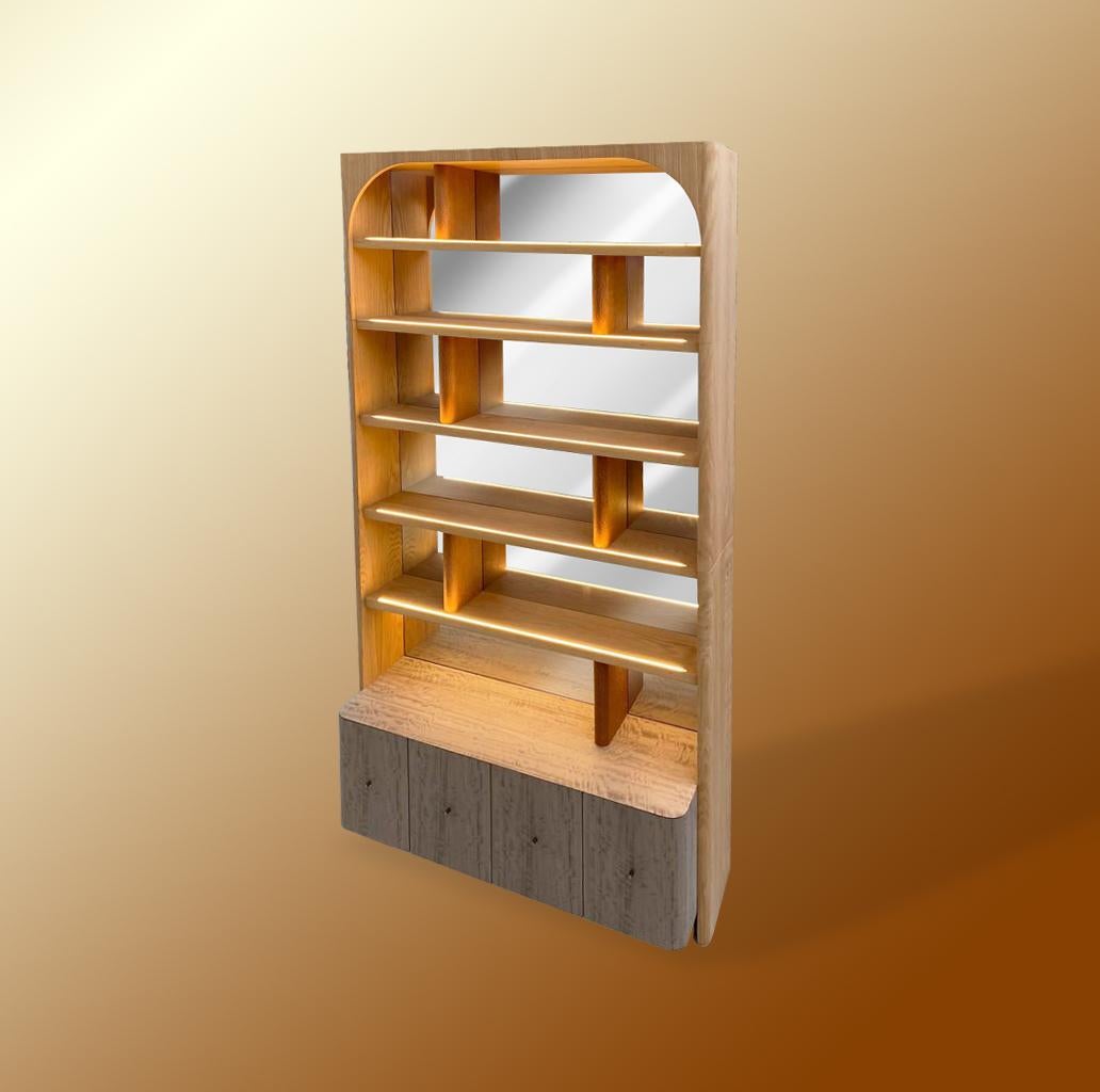 British Round Edges Wood Bookcase With Storage And Lighting Contemporary Design For Sale