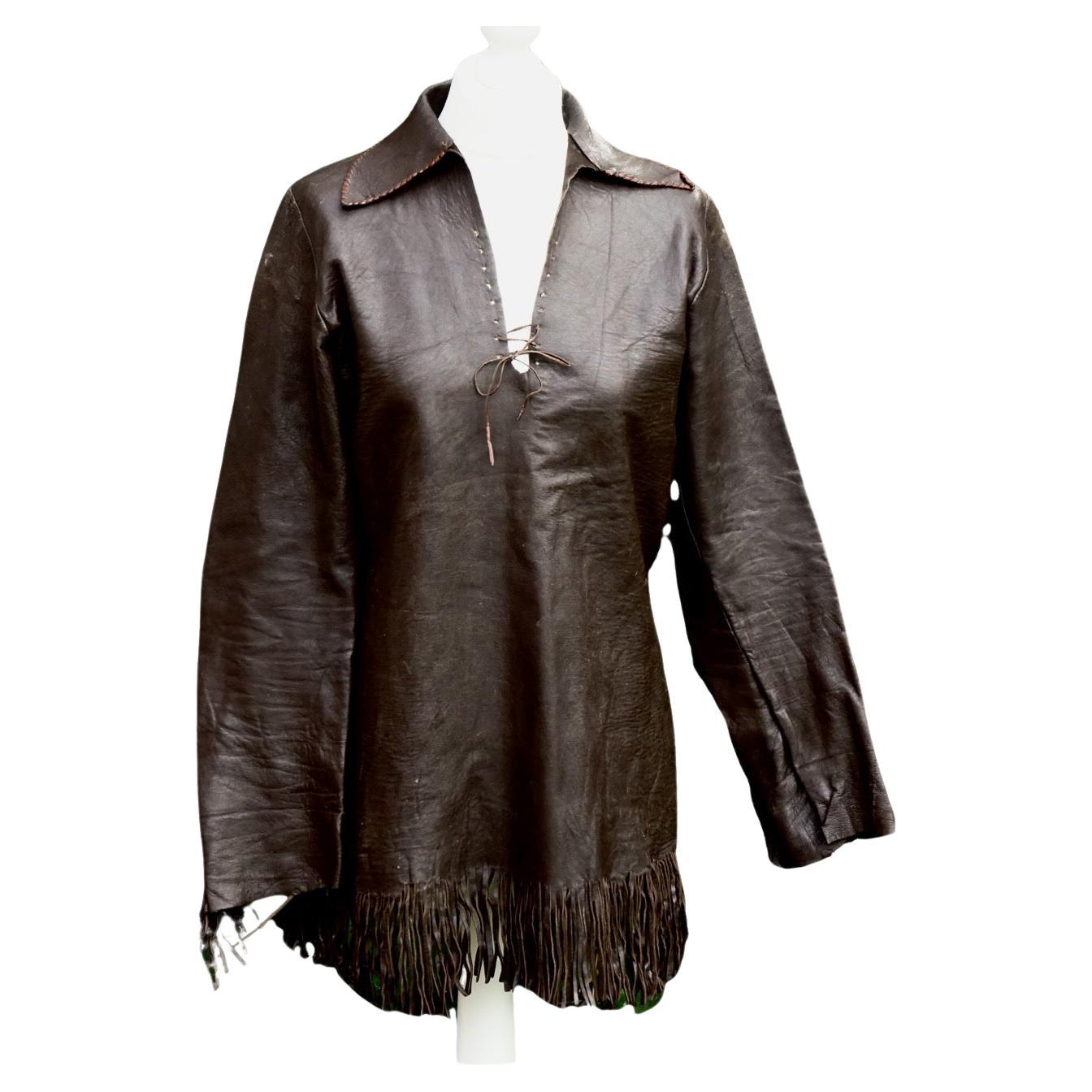 Top à franges en cuir souple Brown de Lord Johns of Carnaby Street, London, années 1960 en vente