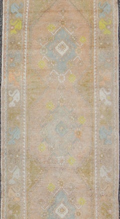Soft Colors Vintage Turkish Oushak Runner with Four Medallion Design