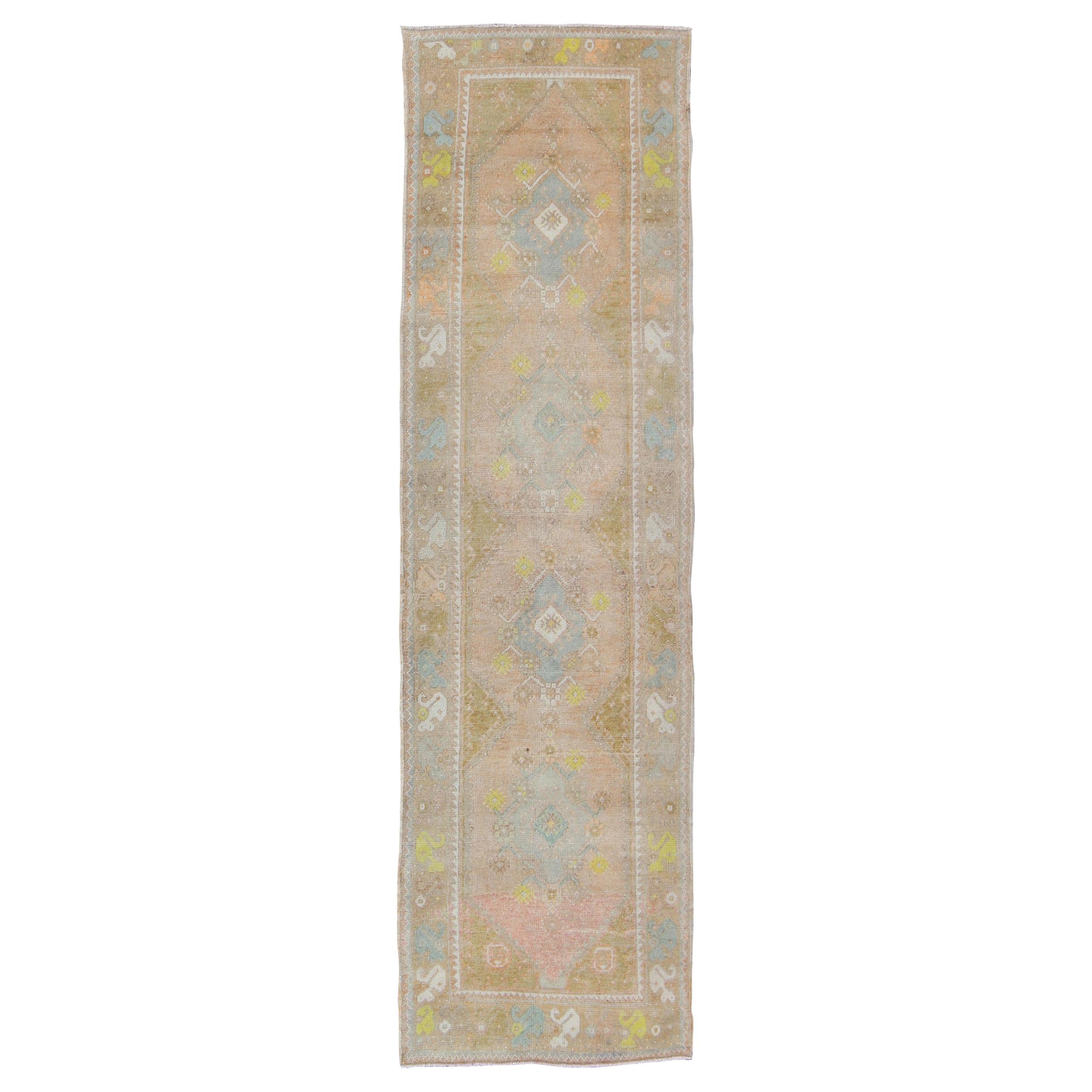 Soft Colors Vintage Turkish Oushak Runner with Four Medallion Design