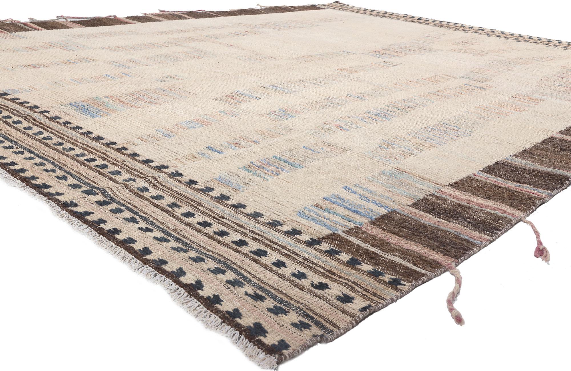 81008 Modern Moroccan Rug with Soft Earth-Tone Colors, 09'00 x 11'07. Emanating nomadic charm with incredible detail and texture, this modern Moroccan area rug will take on a curated lived-in look that feels timeless while imparting a sense of