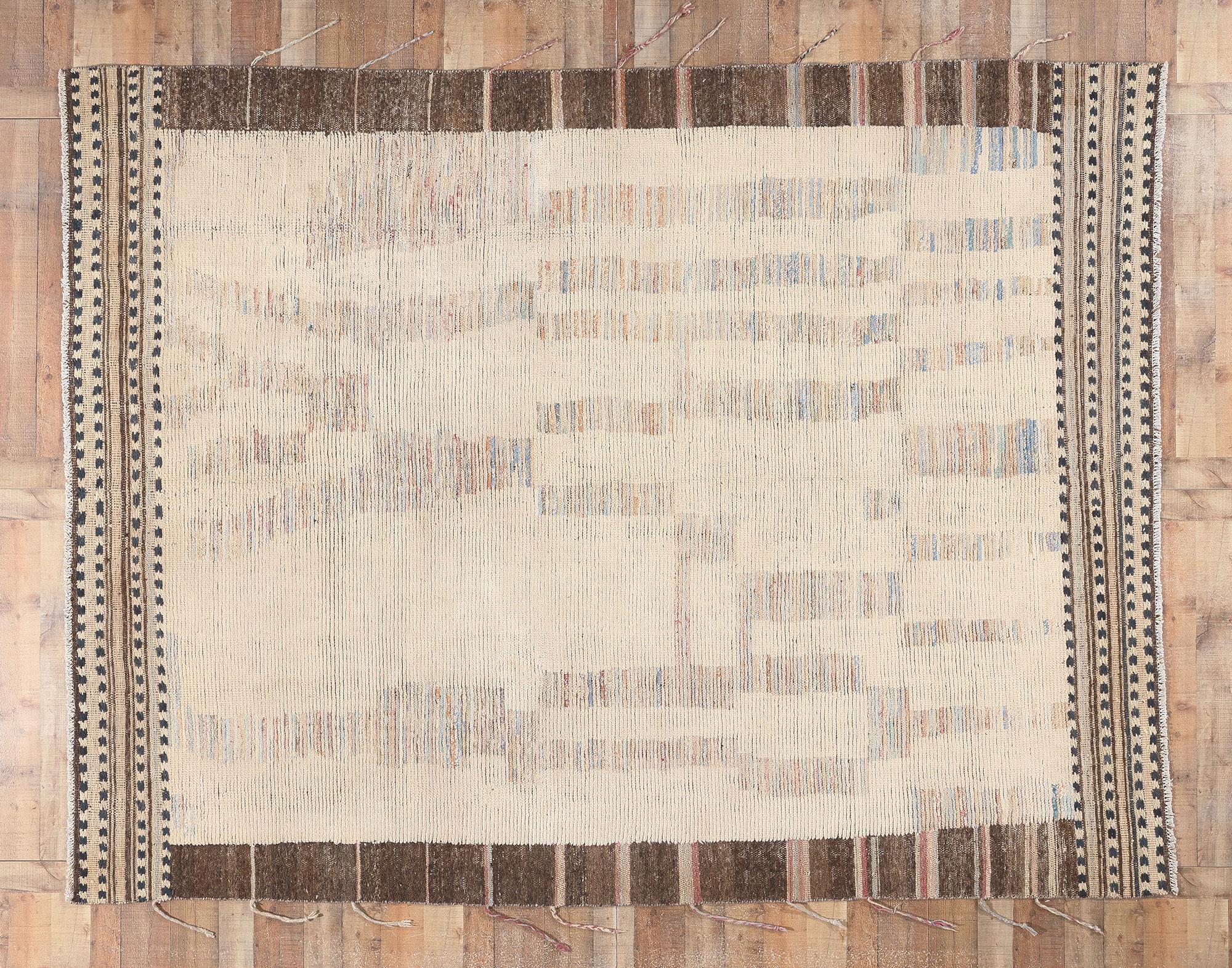 Wool Soft Earth-Tone Modern Moroccan Area Rug with Short Pile For Sale