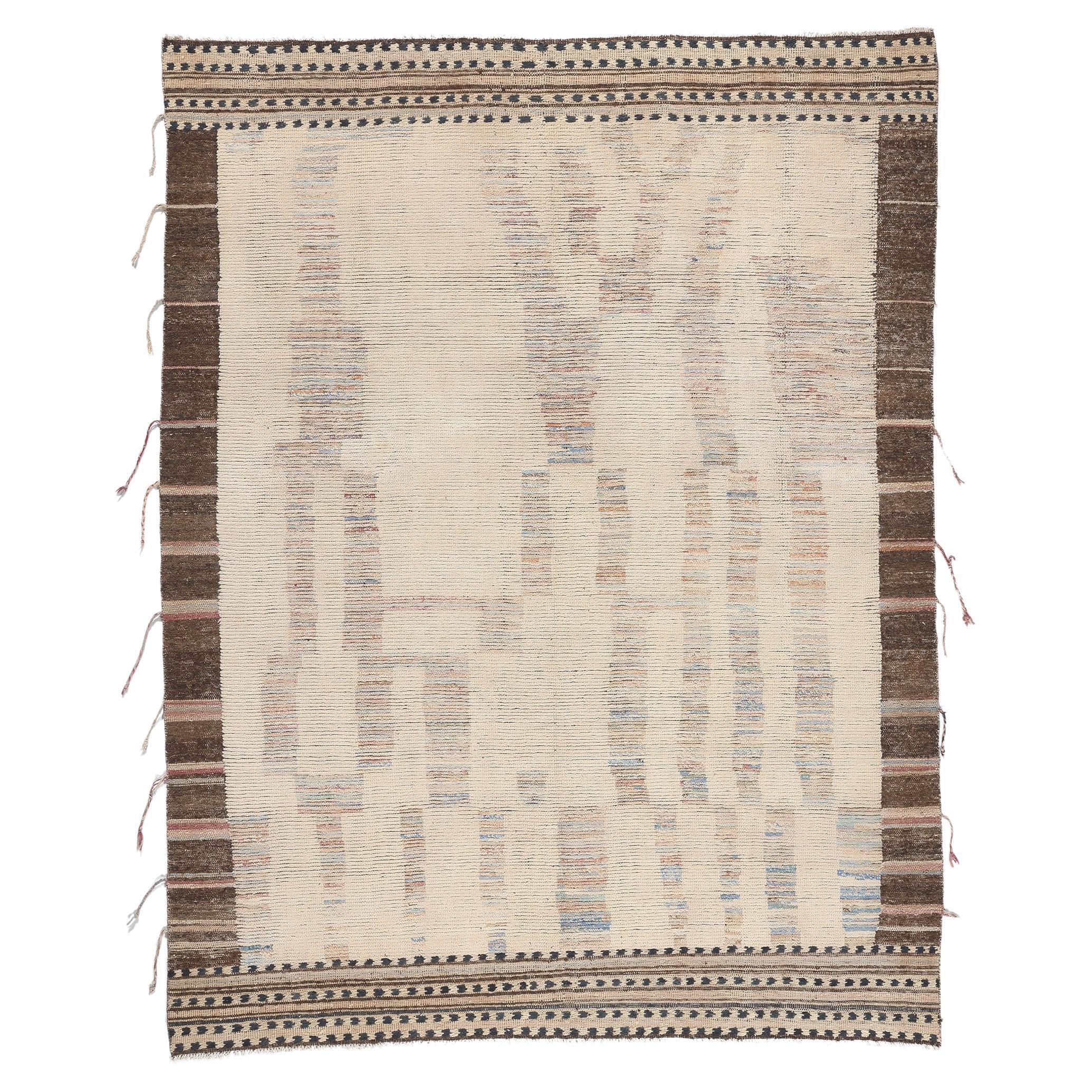 Soft Earth-Tone Modern Moroccan Area Rug with Short Pile For Sale