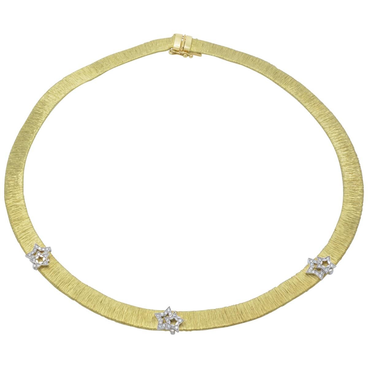 Halskette aus weichem Goldgeflecht mit Diamant-Sternmotiv, 1970, Italien, 18 Karat im Angebot