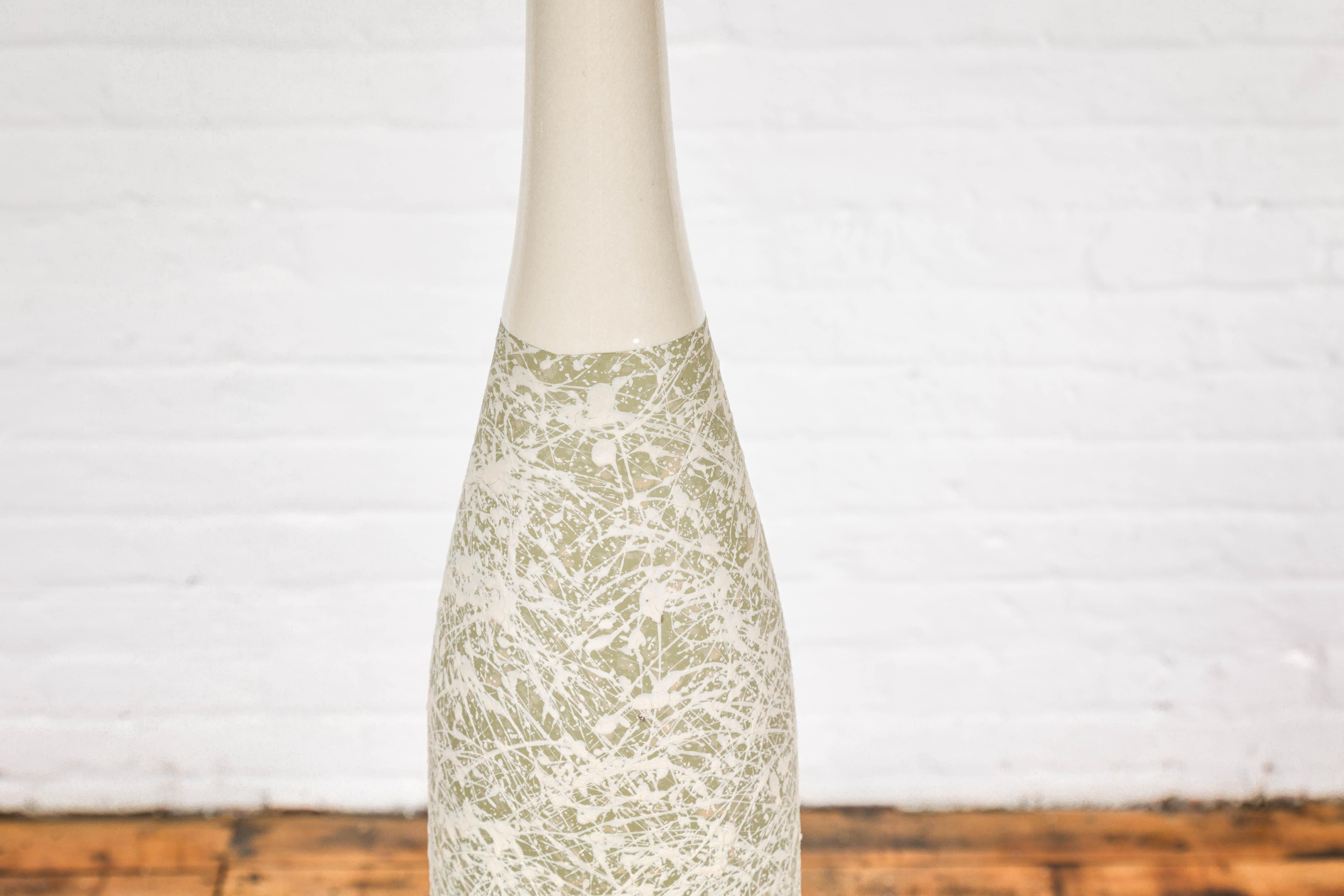 Soft Green and Cream Artisan Ceramic Vase with Energetic Dripping Décor For Sale 1