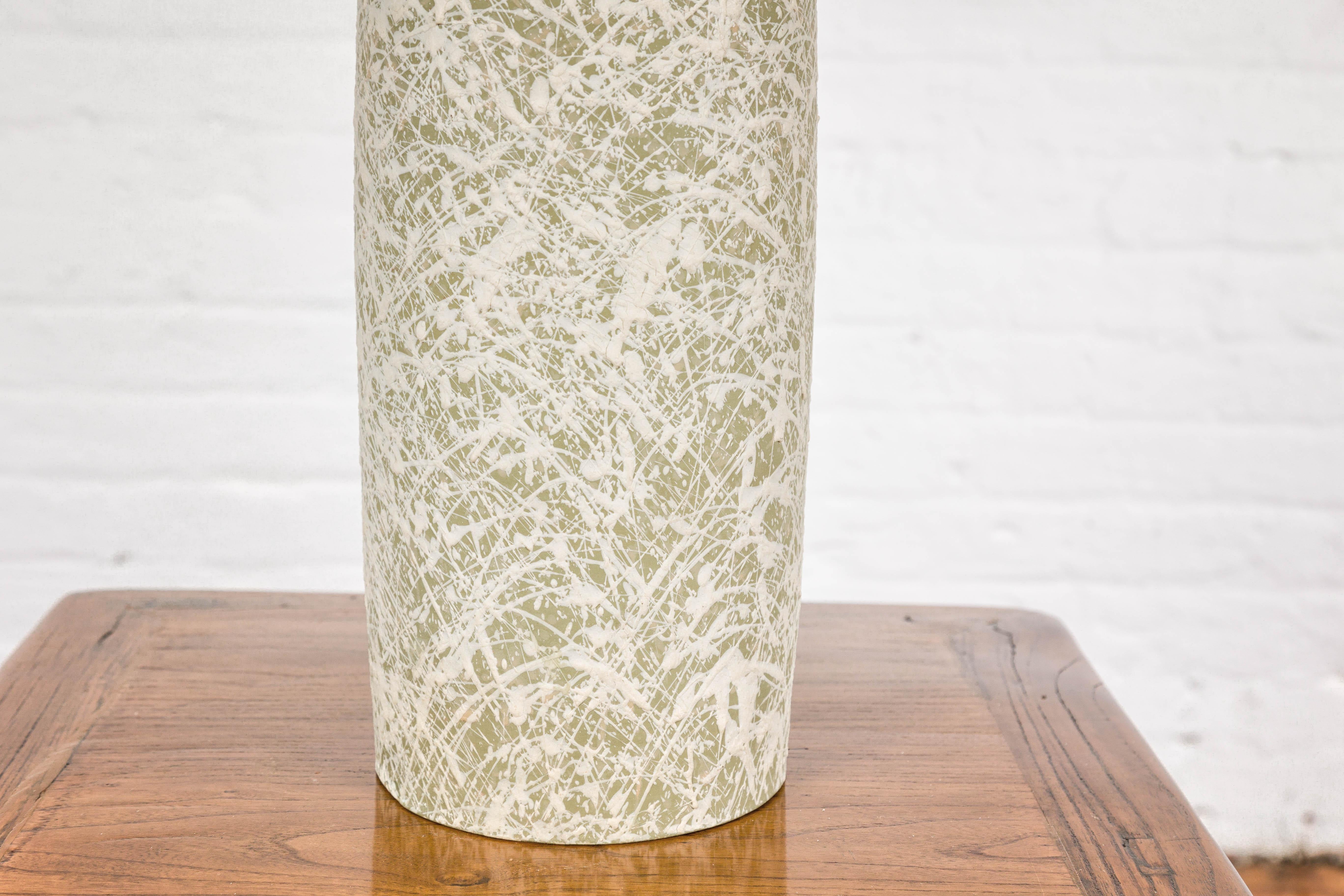 Soft Green and Cream Artisan Ceramic Vase with Energetic Dripping Décor For Sale 3
