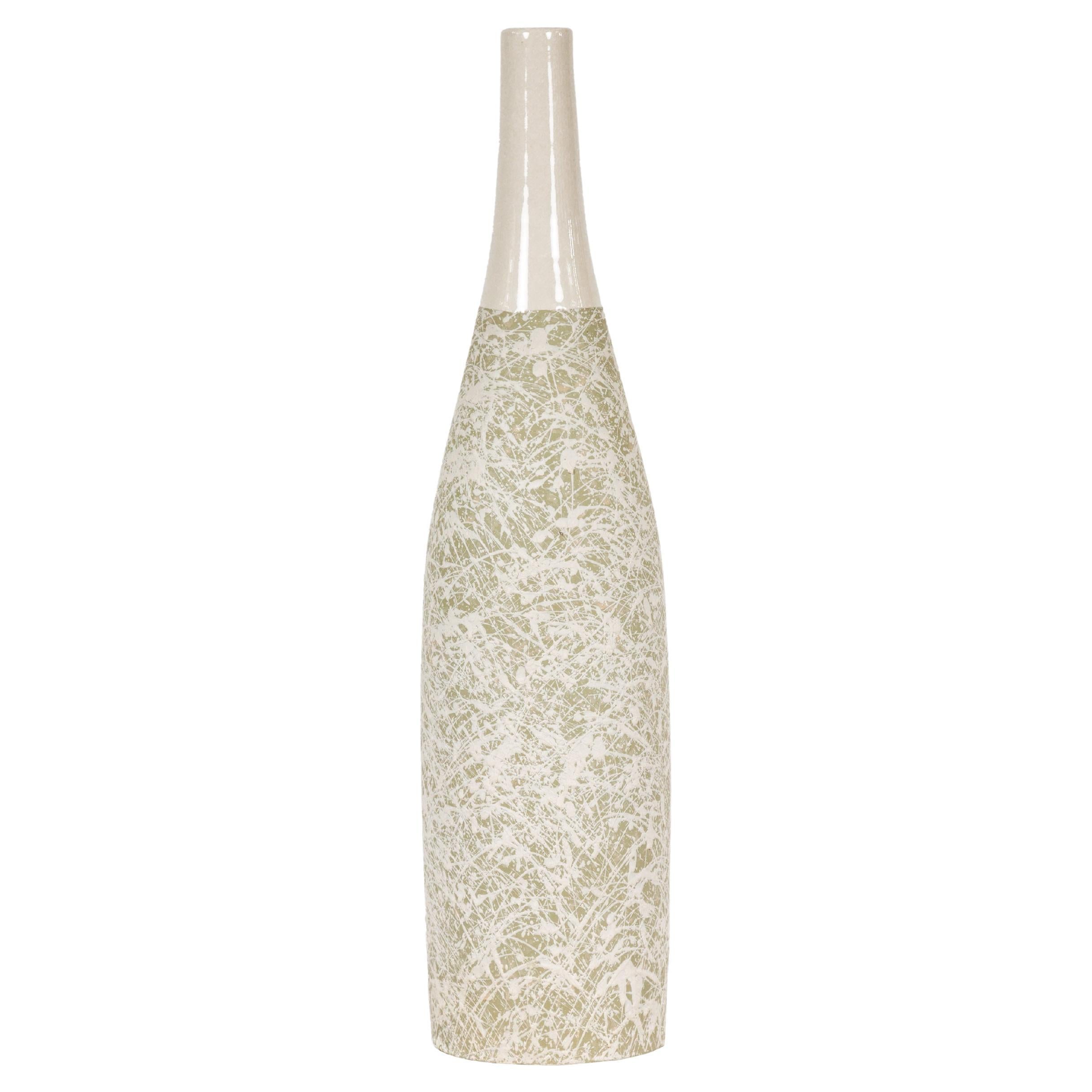 Soft Green and Cream Artisan Ceramic Vase with Energetic Dripping Décor