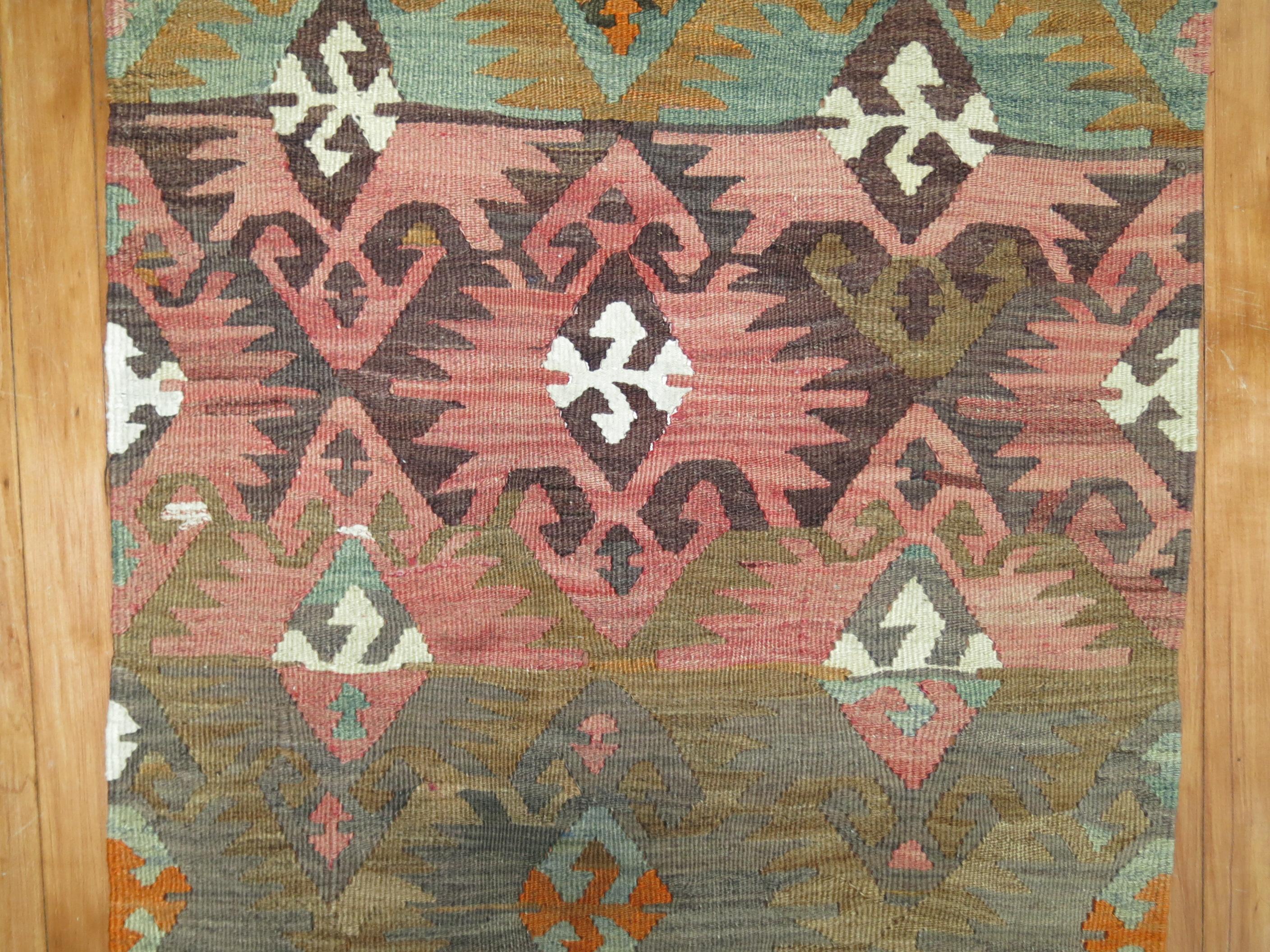 Navajo Soft Green Brown Pink Hand-Knotted Geometric Turkish Kilim Narrow Runner 