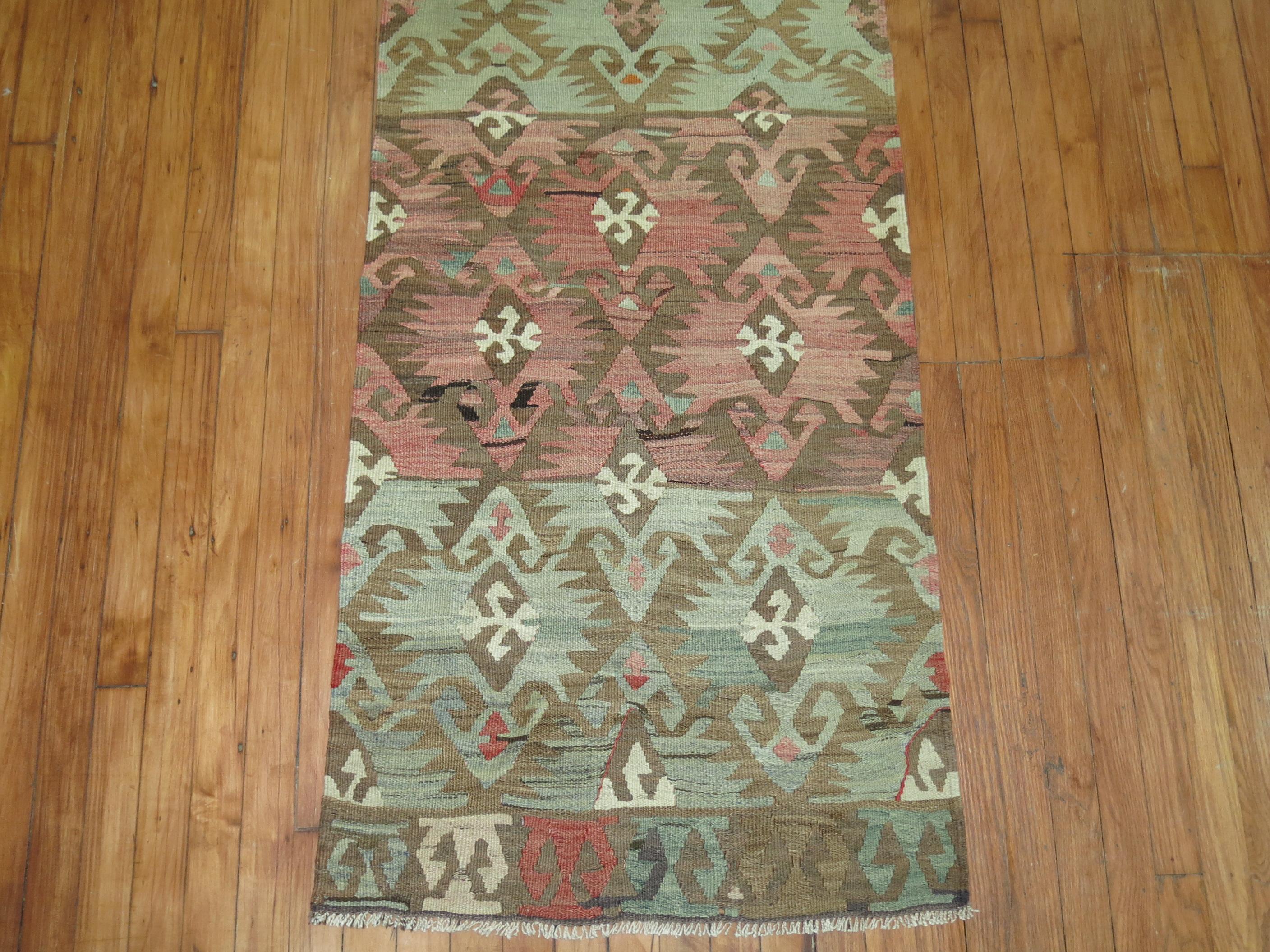 Soft Green Brown Pink Hand-Knotted Geometric Turkish Kilim Narrow Runner  In Good Condition In New York, NY