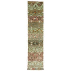 Soft Green Brown Pink Hand-Knotted Geometric Turkish Kilim Narrow Runner 