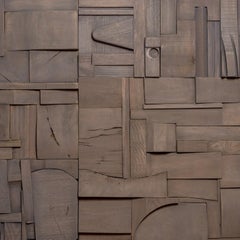 Grey Brutalist Sculptural Collage Artwork, Mural from Upcycled Wood