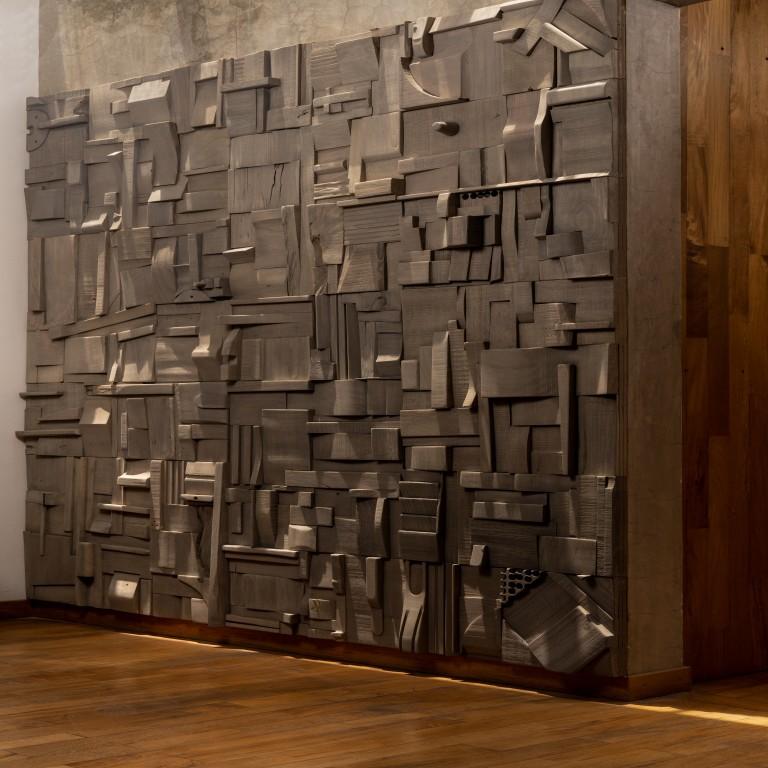 Grey Brutalist Sculptural Collage Artwork, Mural from Upcycled Wood In New Condition For Sale In San Antonio, TX