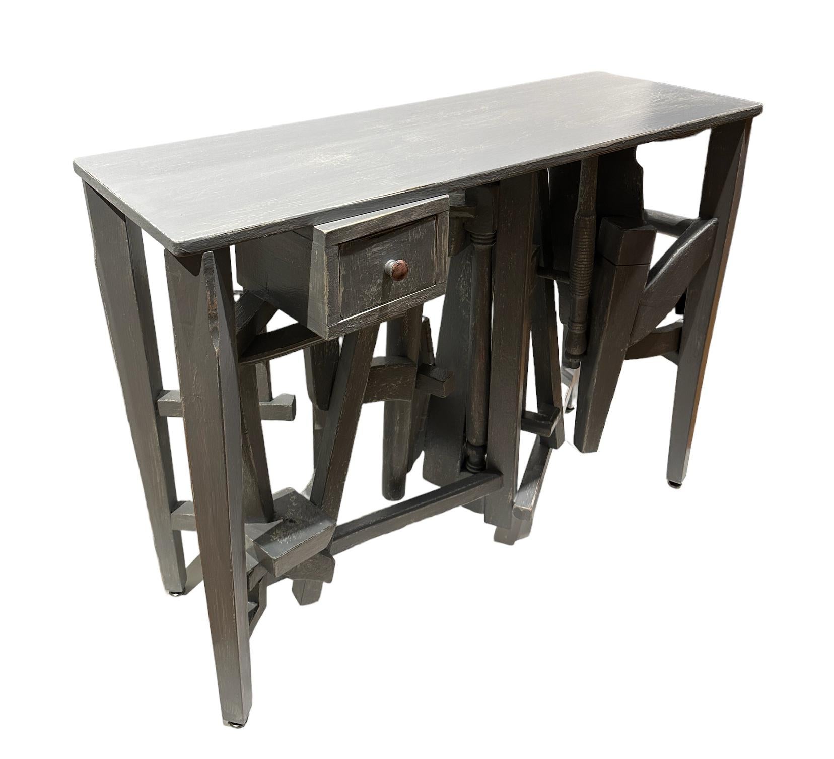 American Soft Grey Console/Entry Table with Drawer, Distressed, Found Wooden Spindles For Sale