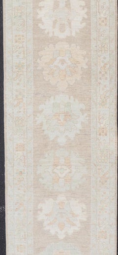 Soft Oushak Runner with Sand Field and Pale Green and Blue Accents