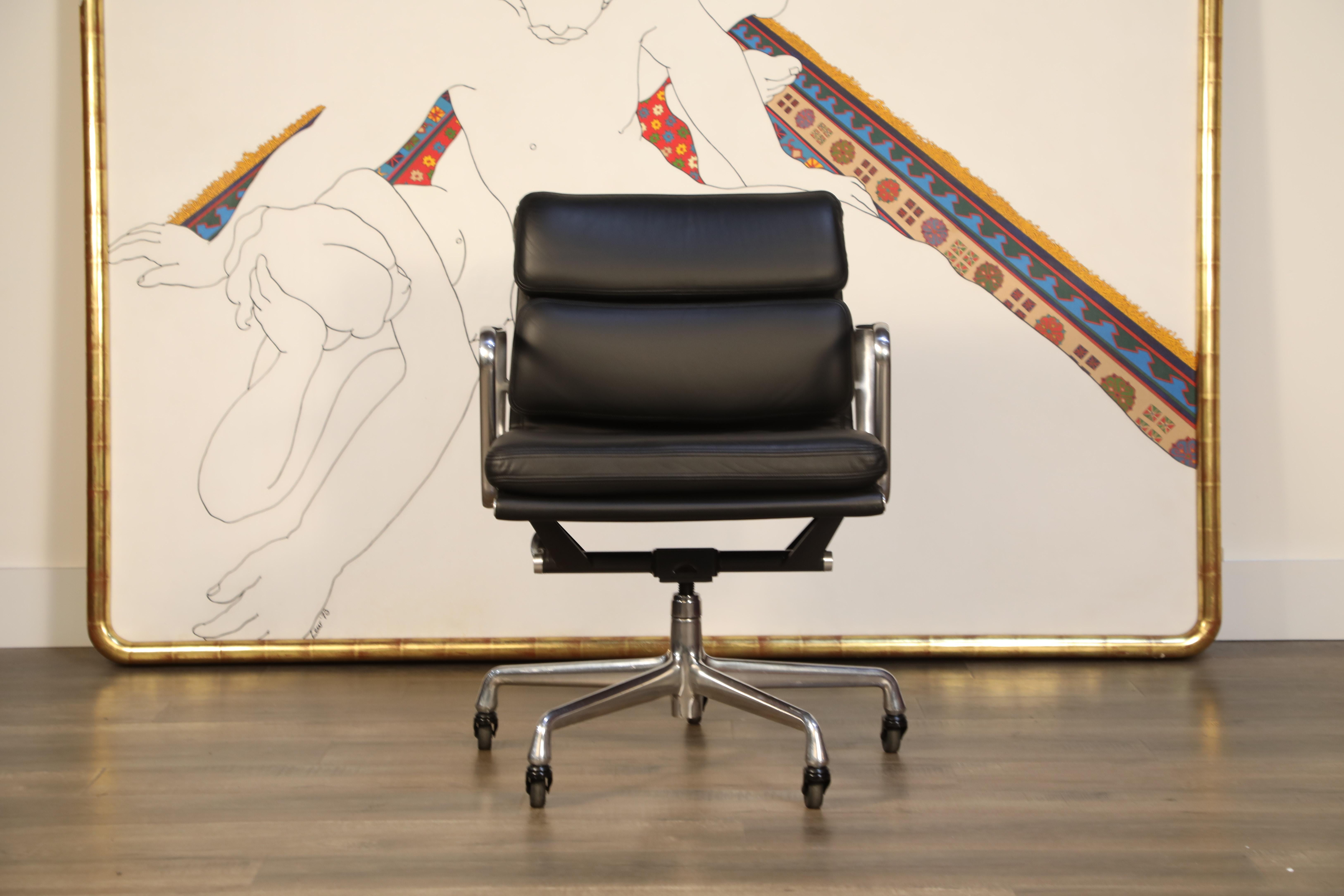 We have ten (10) of these renown soft pad management desk chairs from the Aluminum Group line, designed by Charles and Ray Eames for Herman Miller. Featuring the original vintage black leather upholstery over five-star polished aluminum base and