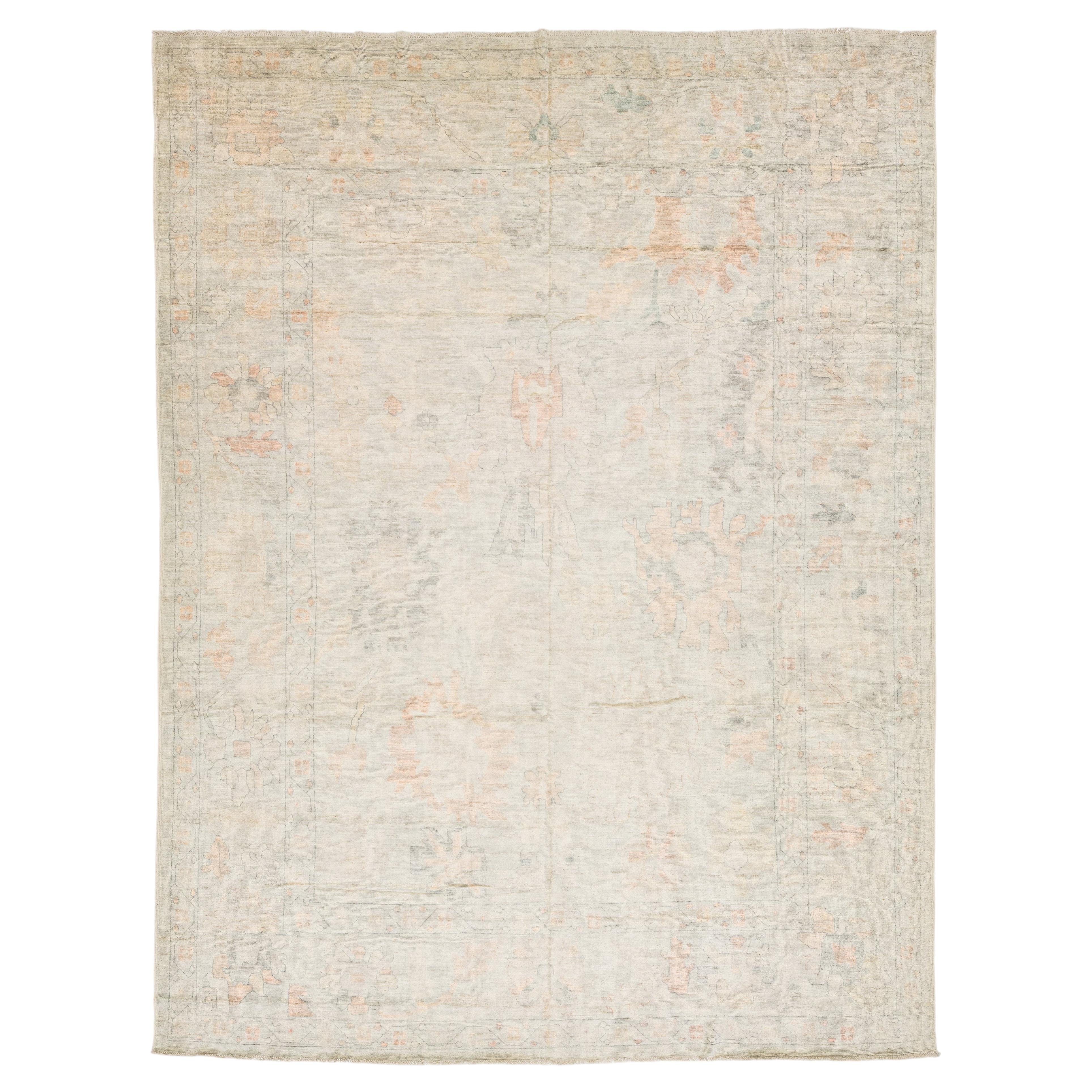 Soft Pastel Modern Oushak Style Hand-Knotted Wool Area Rug 12x15