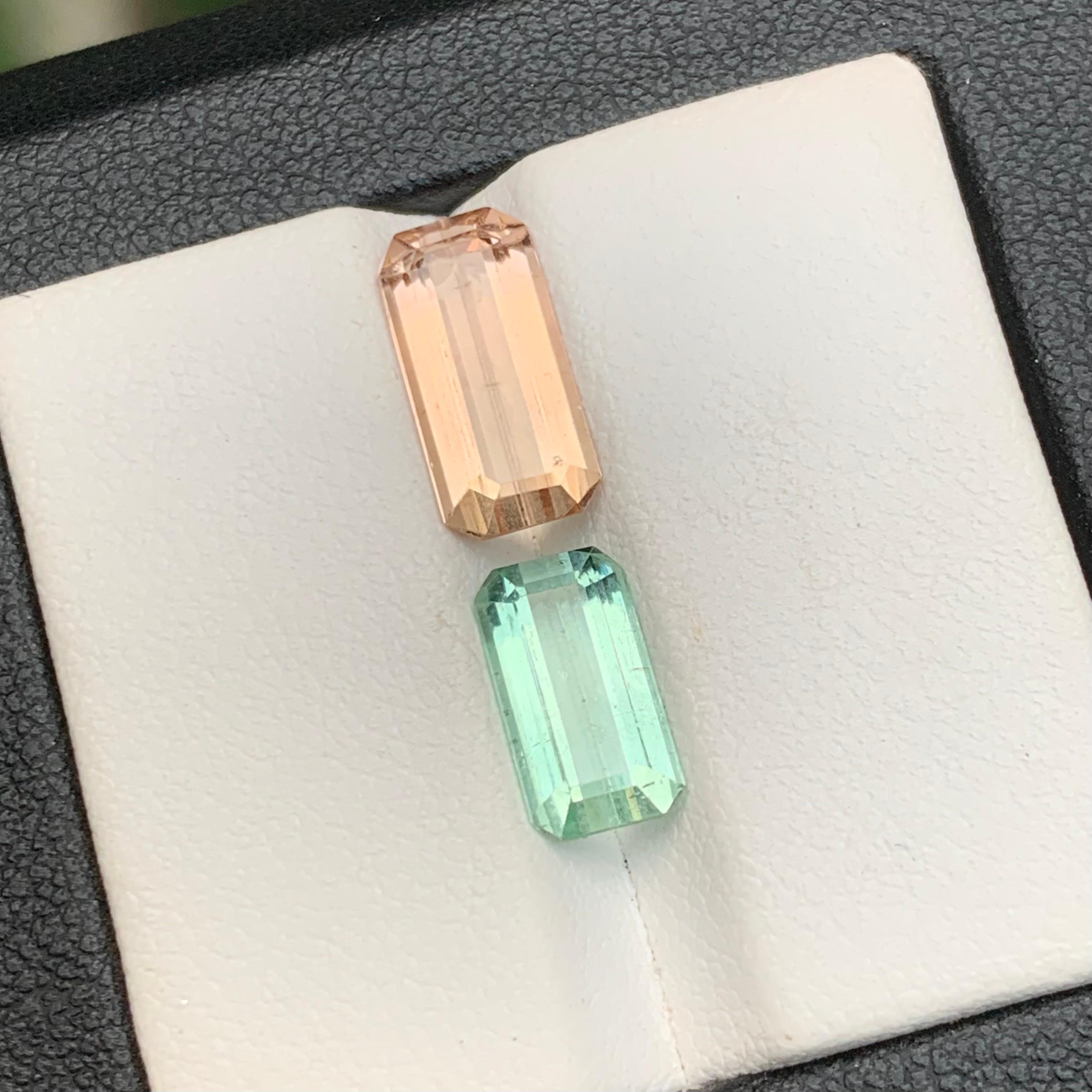 Pierres précieuses tourmaline naturelle vert pêche et vert clair taille émeraude de 4,95 carats en vente 4