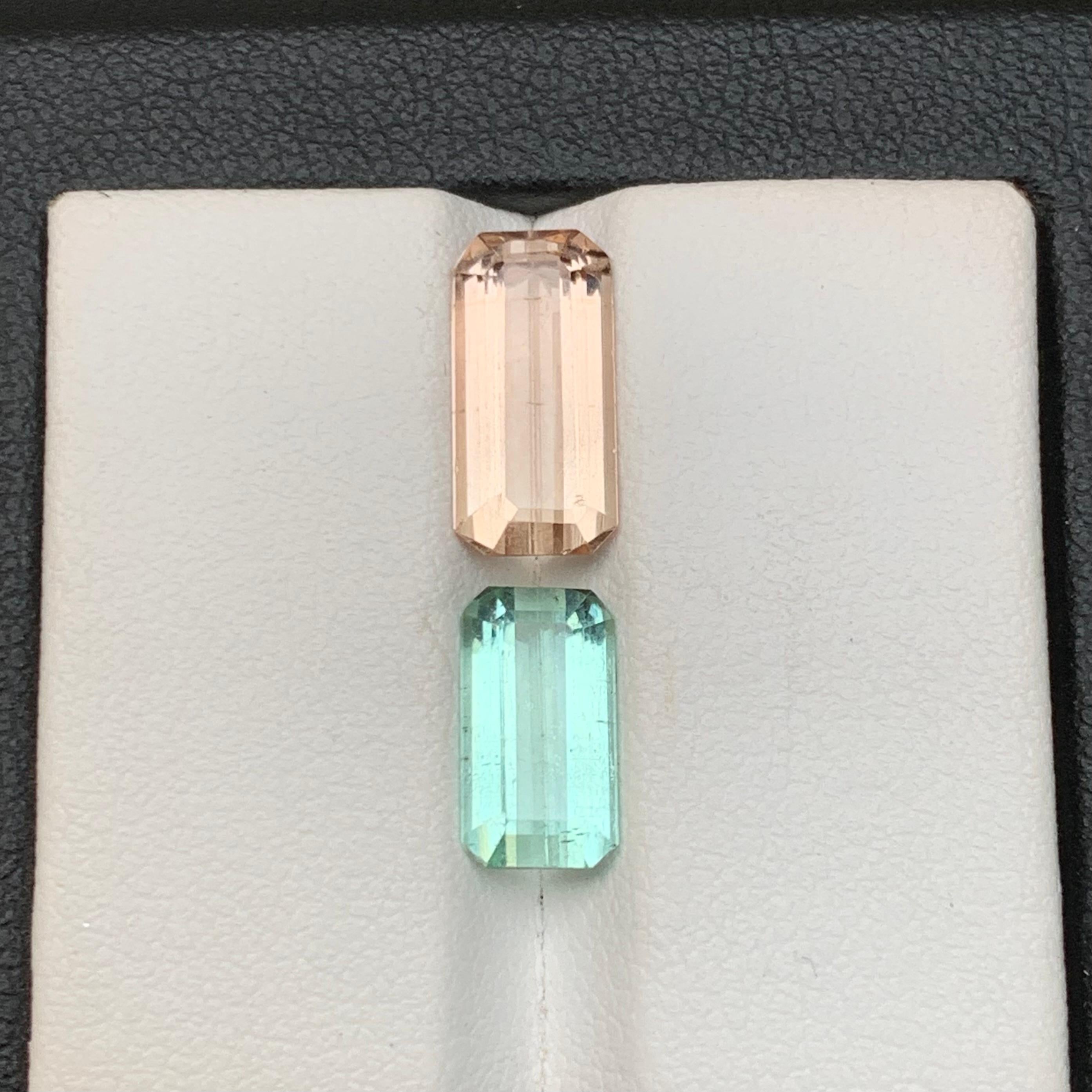 Contemporain Pierres précieuses tourmaline naturelle vert pêche et vert clair taille émeraude de 4,95 carats en vente
