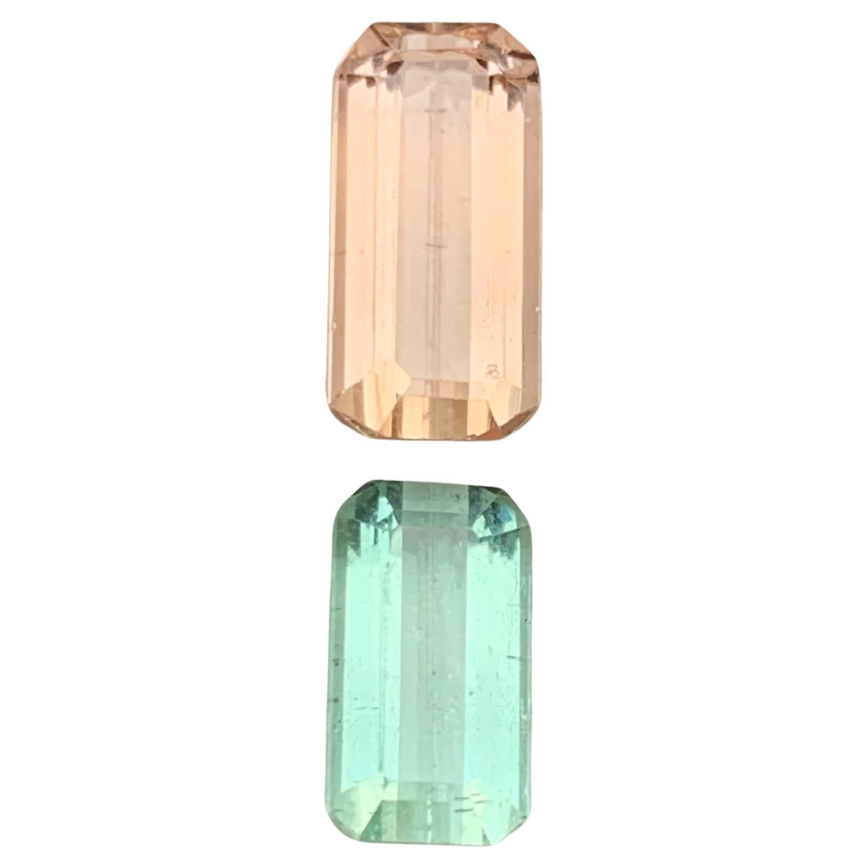 Soft Peach & Light Bluish Green Natural Tourmaline Gemstones 4.95 Ct Emerald Cut
