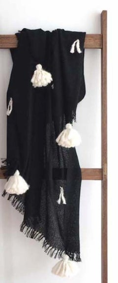 Soft Peruvian Wool Throw in Black, with Natural White Pom Poms, in Stock