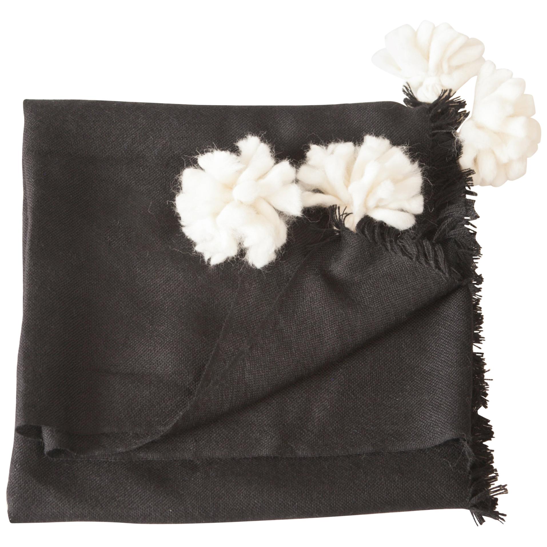 Soft Peruvian Wool Throw in Black, with Natural White Pom Poms, in Stock