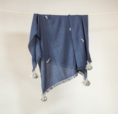 Soft Peruvian Wool Throw in Indigo, with Grey Pom Poms, in Stock
