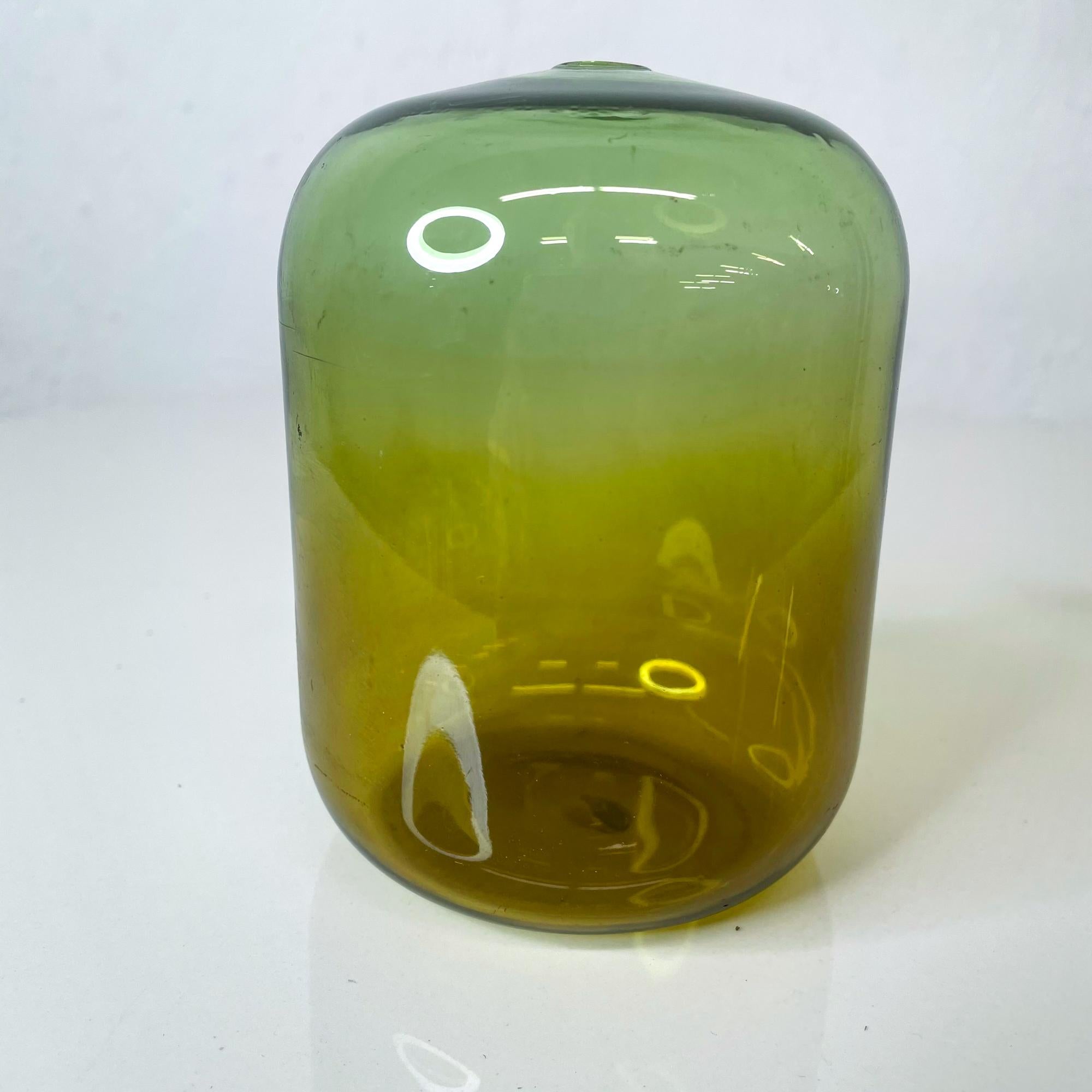 Mid-Century Modern  Soft Petite Green Glass Round Bud Vase Handblown Vintage 1960s Modern