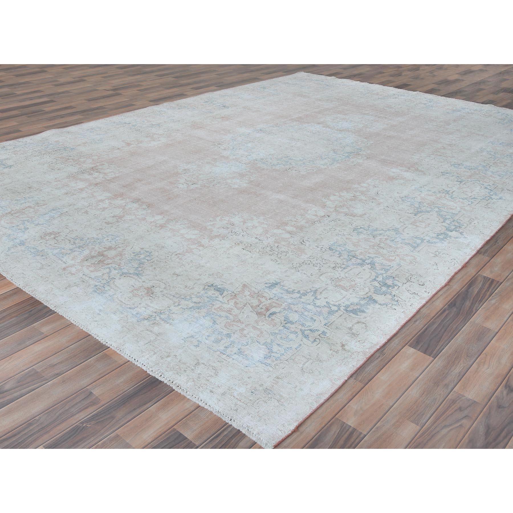 Hand-Knotted Soft Pink Hand Knotted Worn Wool Cropped Thin Distressed Old Persian Kerman Rug For Sale