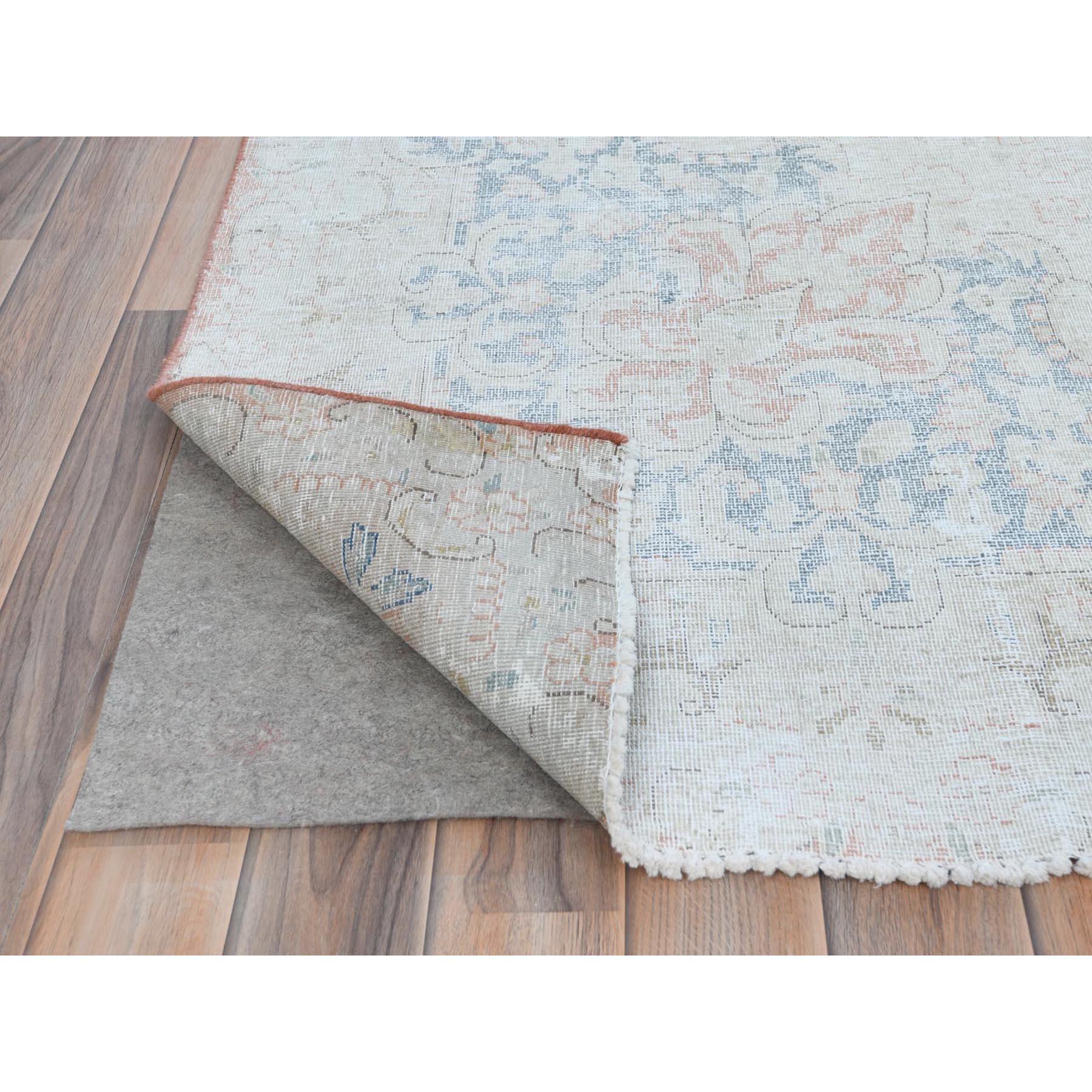 Soft Pink Hand Knotted Worn Wool Cropped Thin Distressed Old Persian Kerman Rug In Good Condition For Sale In Carlstadt, NJ