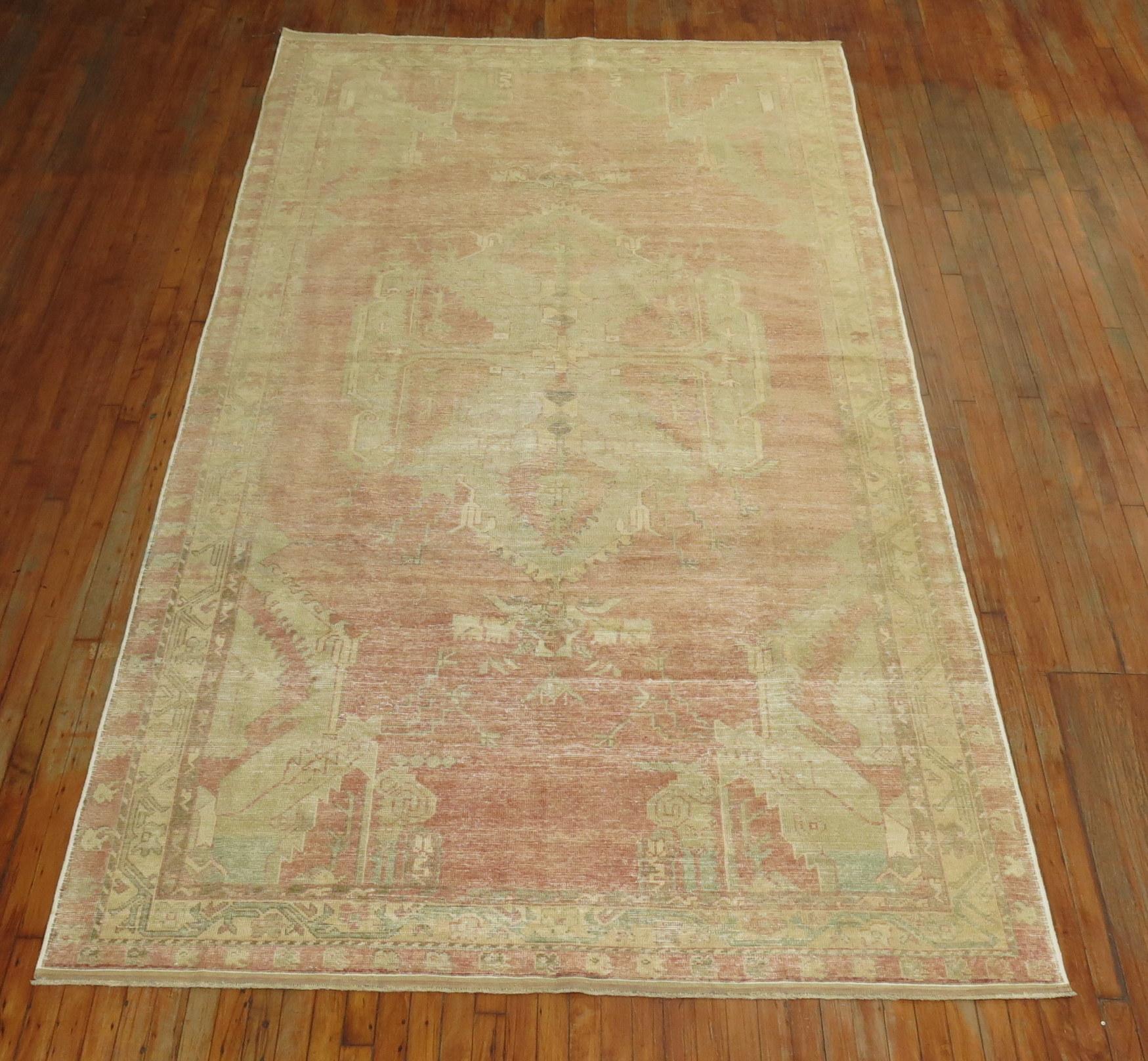 Country Zabihi Collection Soft Pink Vintage Oushak Gallery Size Rug For Sale