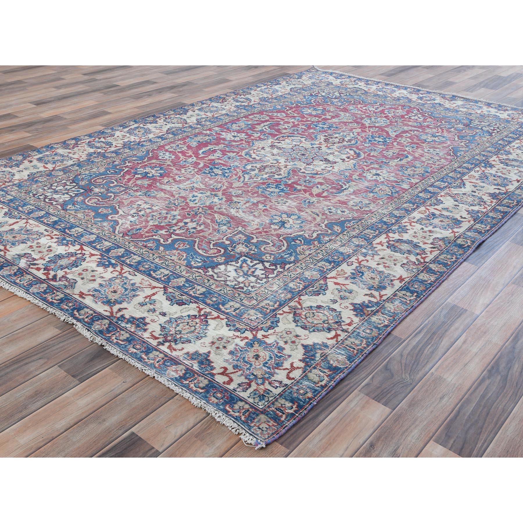 Hand-Knotted Soft Pink Vintage Persian Kerman Hand Knotted Worn Wool Cropped Thin Rug For Sale