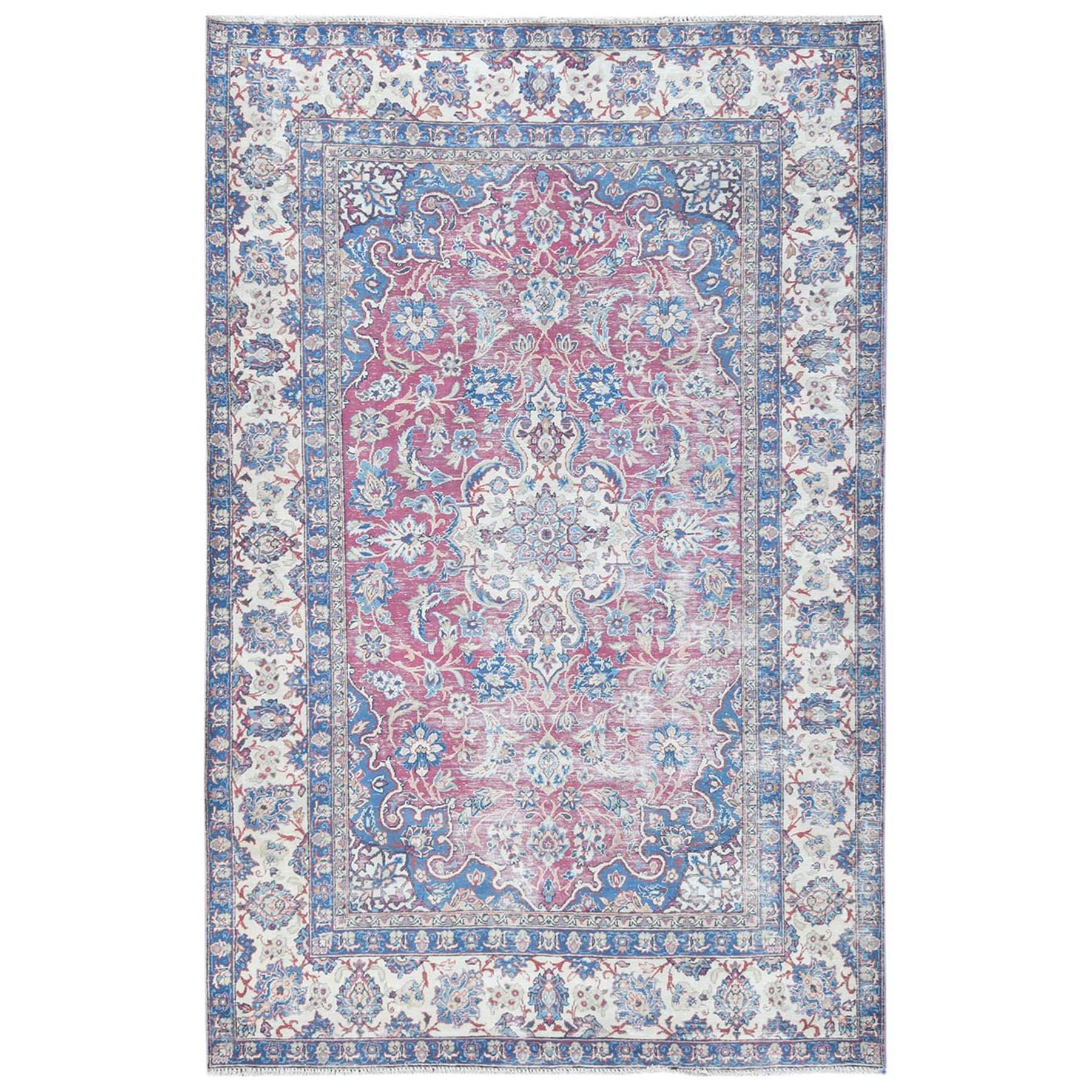 Soft Pink Vintage Persian Kerman Hand Knotted Worn Wool Cropped Thin Rug For Sale