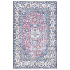 Soft Pink Retro Persian Kerman Hand Knotted Worn Wool Cropped Thin Rug