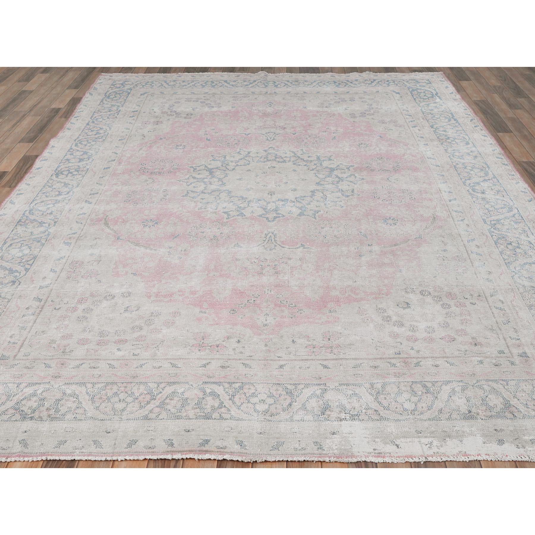 Medieval Soft Pink Vintage Persian Kerman Worn Wool Distressed Look Hand Knotted Rug For Sale