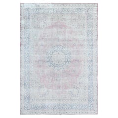 Soft Pink Retro Persian Kerman Worn Wool Distressed Look Hand Knotted Rug
