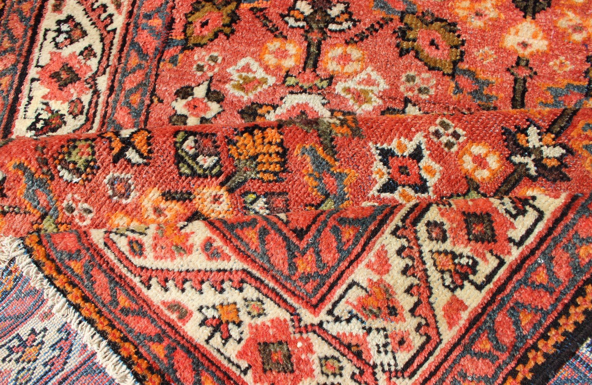 Malayer Soft Red and Coral Antique Persian Sultanabad Mahal Runner with All-Over Design For Sale