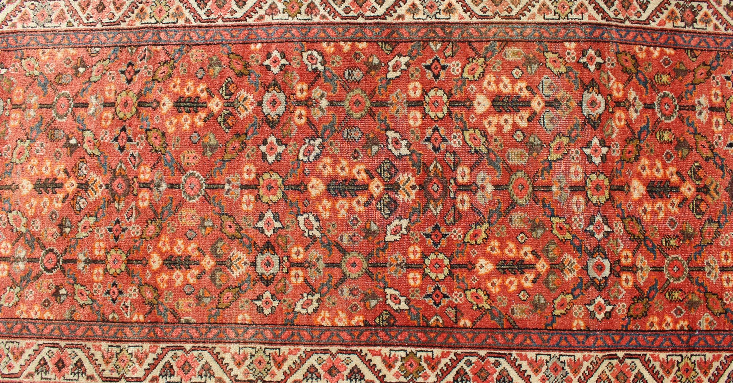 Hand-Knotted Soft Red and Coral Antique Persian Sultanabad Mahal Runner with All-Over Design For Sale