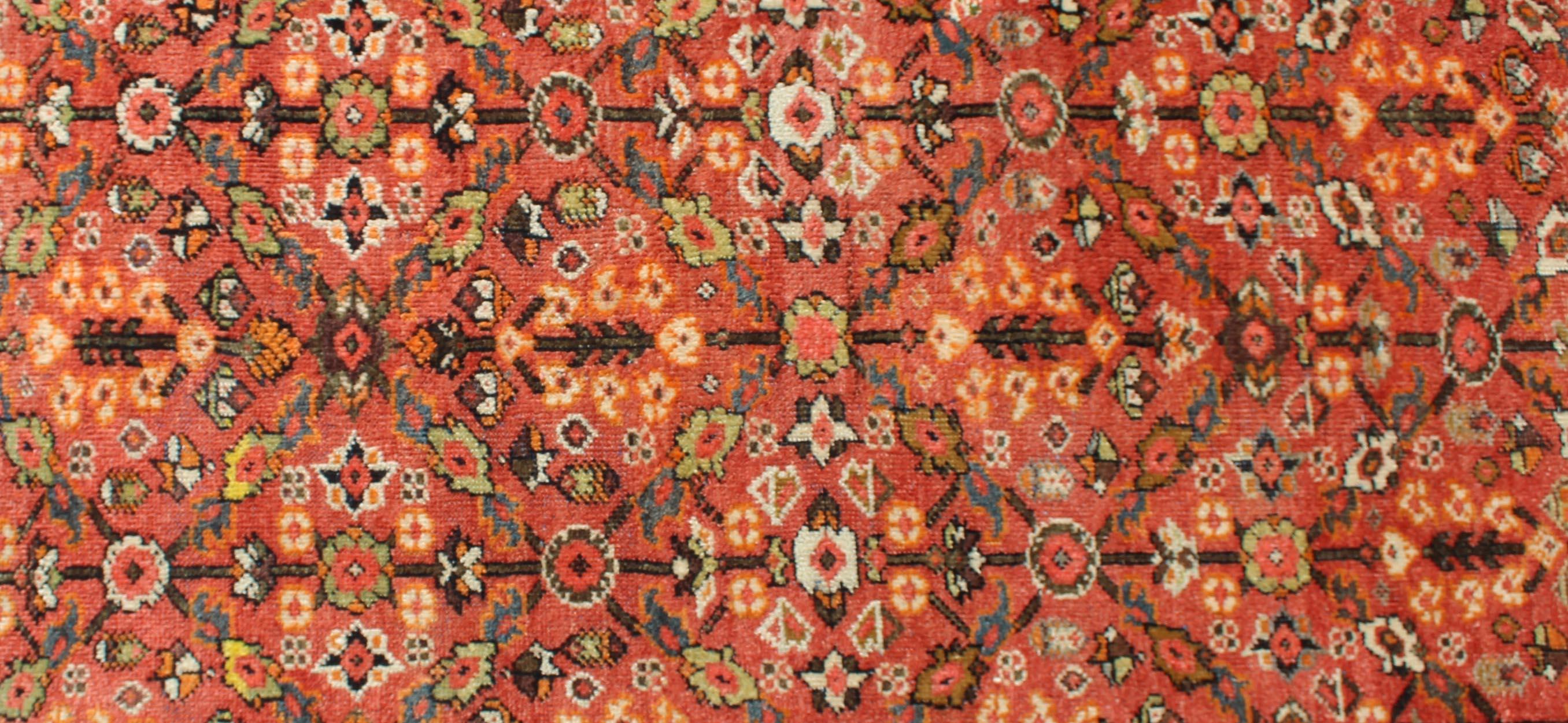 Early 20th Century Soft Red and Coral Antique Persian Sultanabad Mahal Runner with All-Over Design For Sale