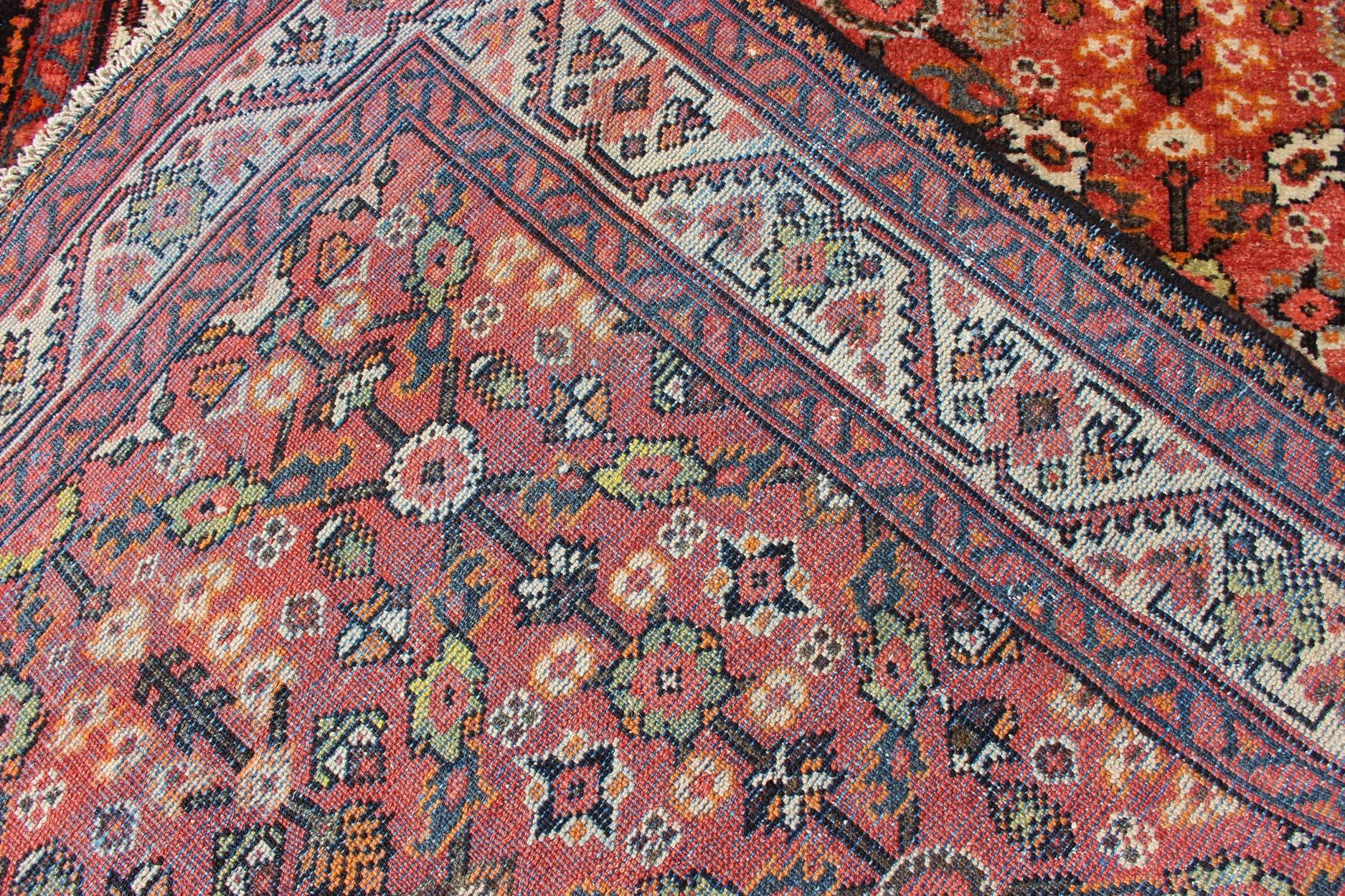 Wool Soft Red and Coral Antique Persian Sultanabad Mahal Runner with All-Over Design For Sale