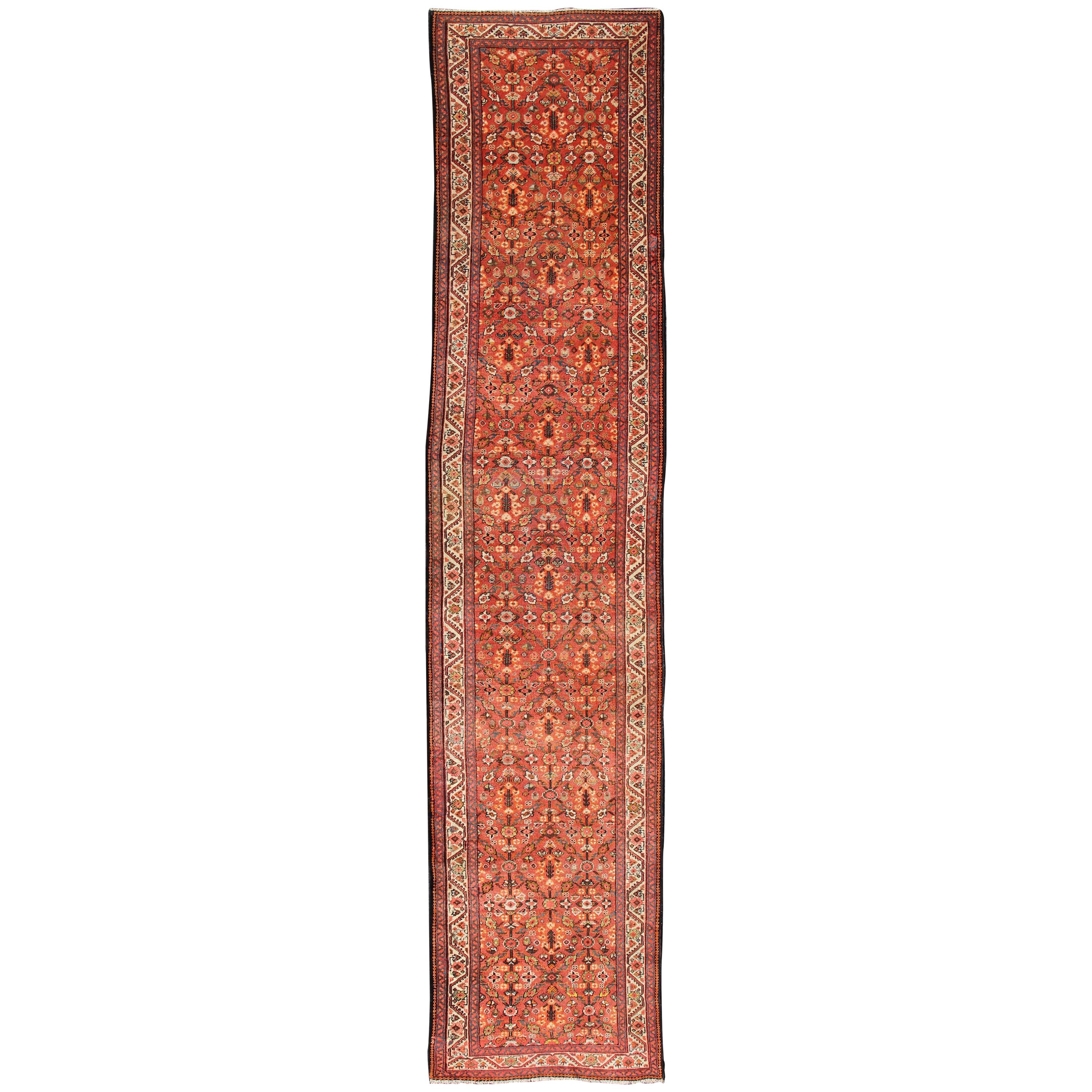 Soft Red and Coral Antique Persian Sultanabad Mahal Runner with All-Over Design For Sale