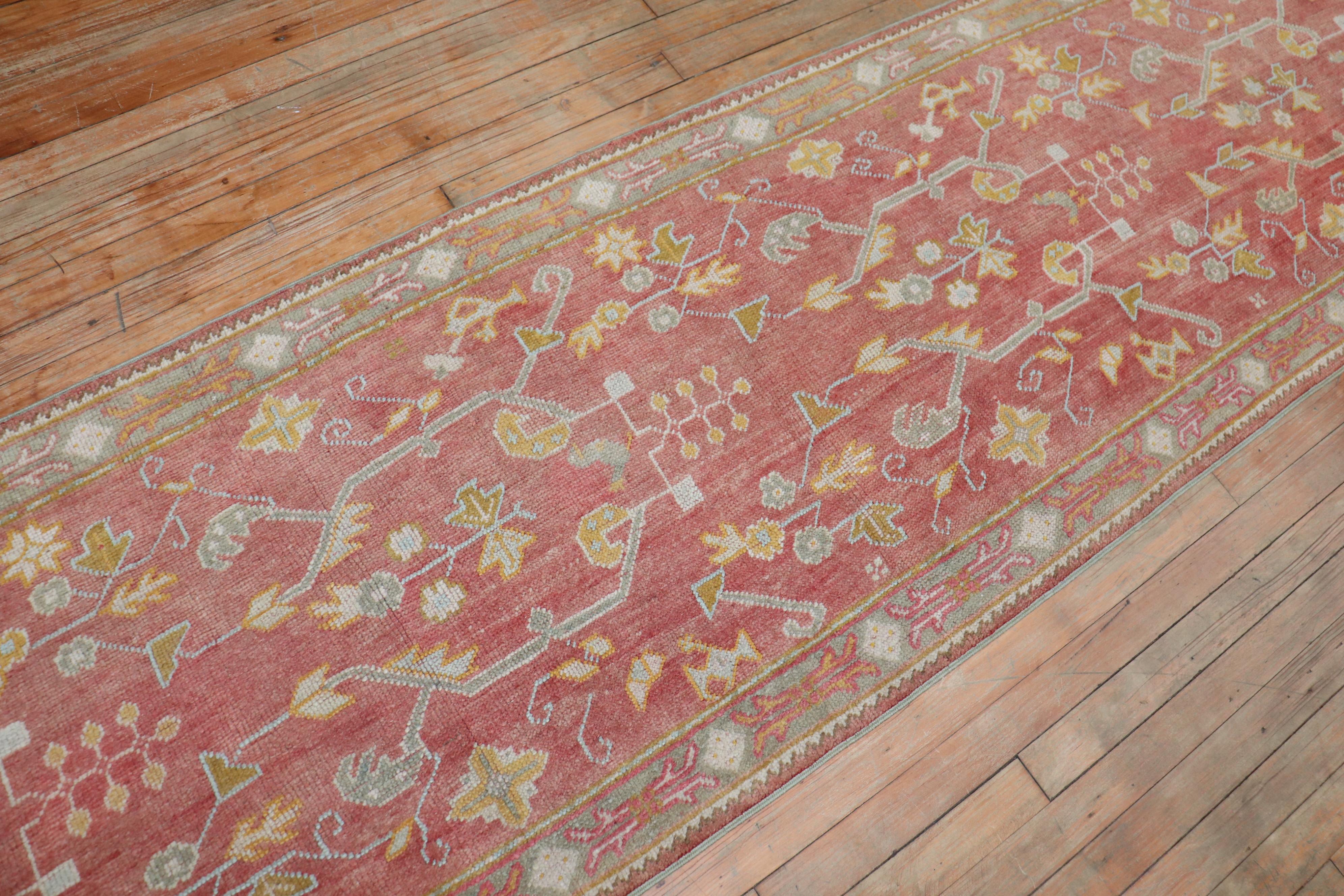 Hand-Woven Soft Red Antique Turkish Oushak Early 20th Century Runner For Sale