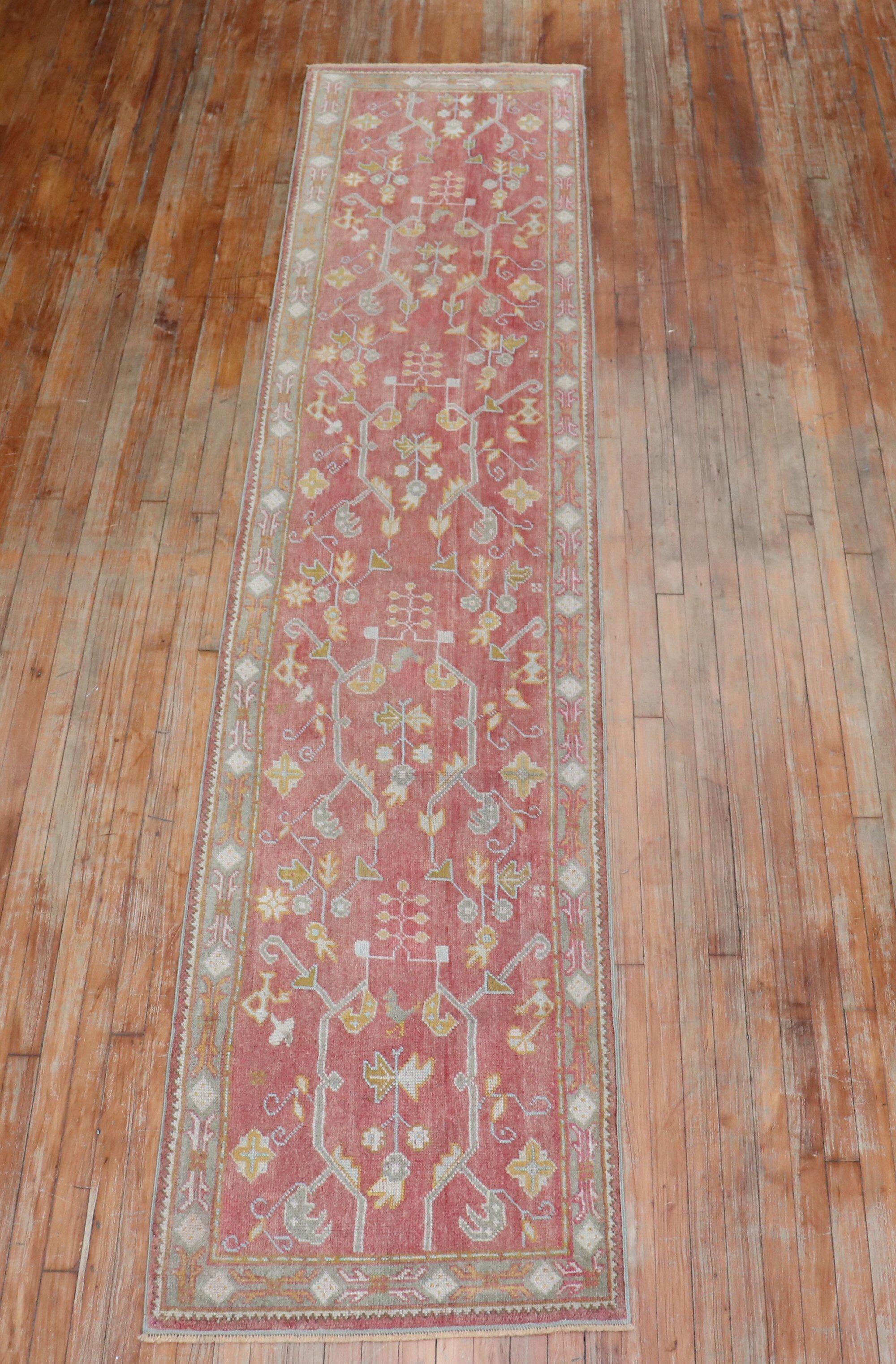 Wool Soft Red Antique Turkish Oushak Early 20th Century Runner For Sale