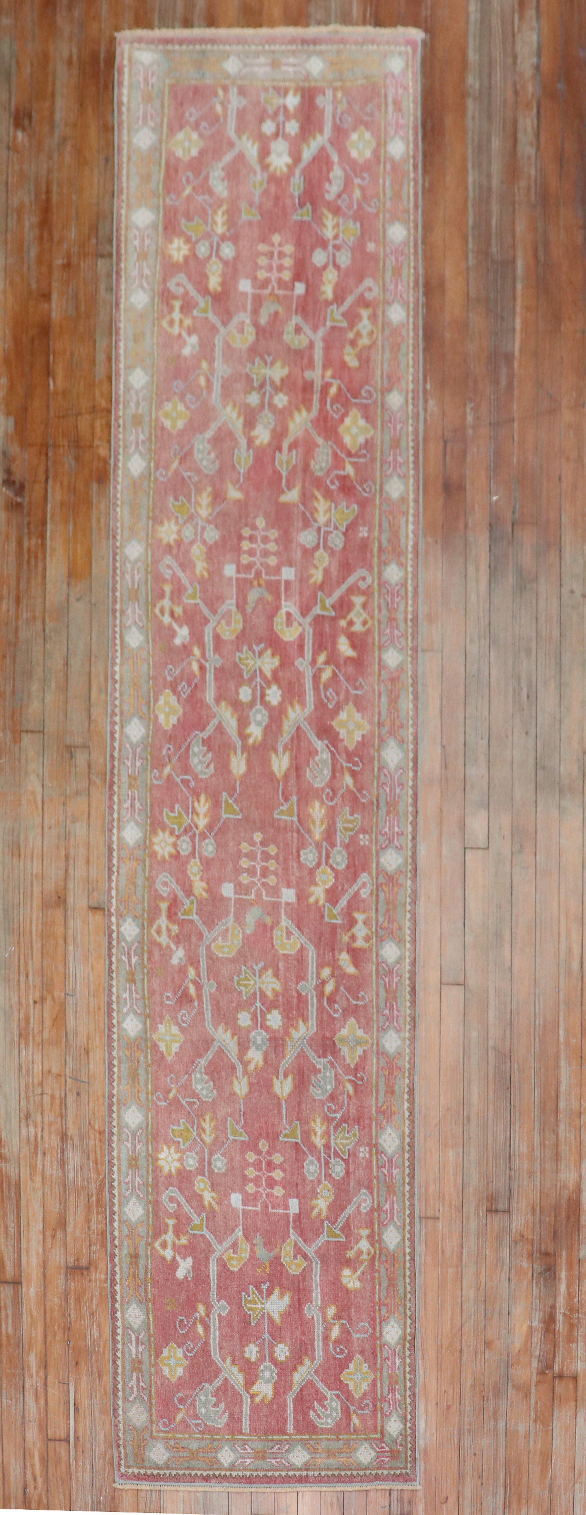 Soft Red Antique Turkish Oushak Early 20th Century Runner For Sale 1